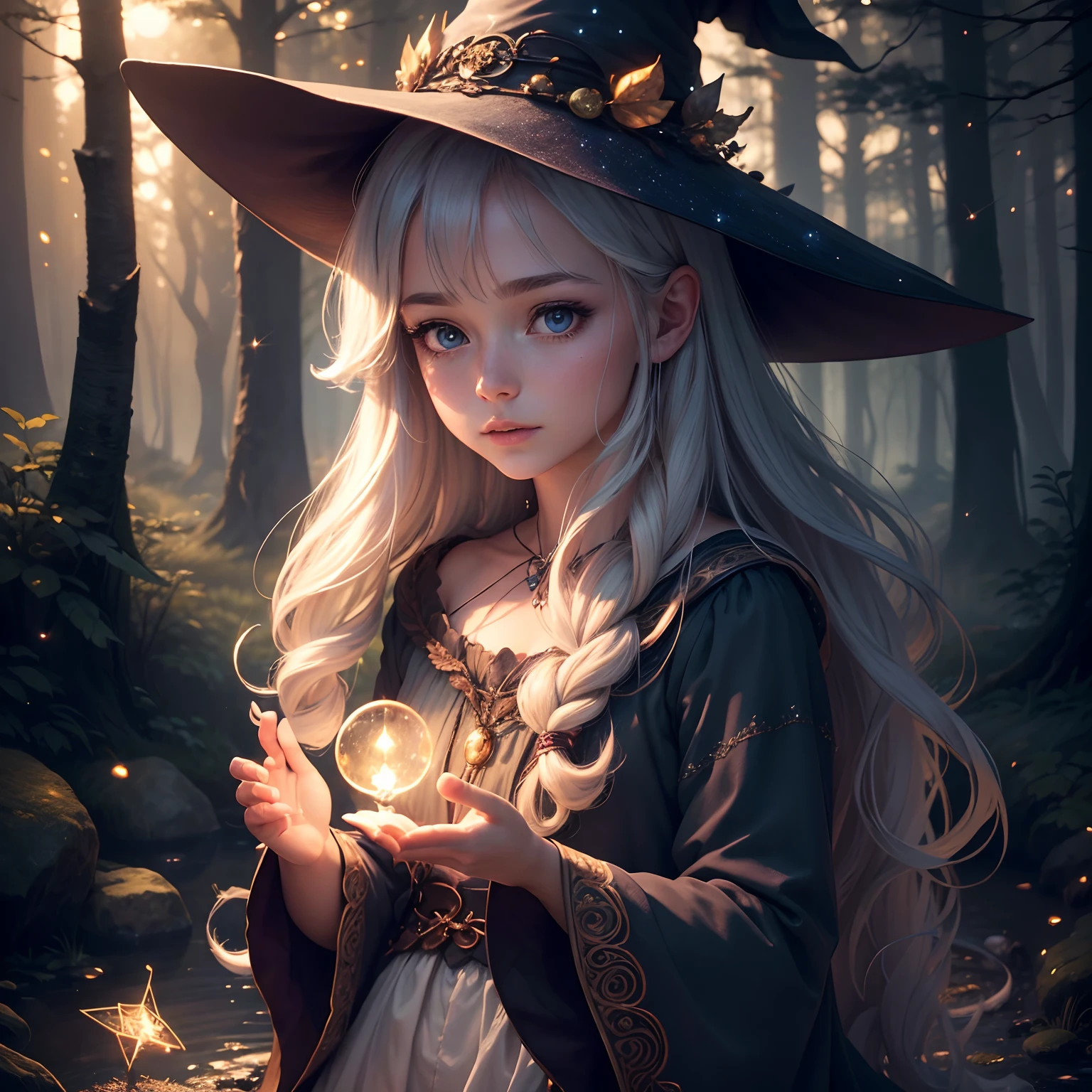 (best quality,4k,8k,highres,masterpiece:1.2),ultra-detailed,(realistic,photorealistic,photo-realistic:1.37),anime style,[Witch,witch girl,fantasy girl,anime girl],beautiful detailed eyes,beautiful detailed lips,extremely detailed eyes and face,long eyelashes,golden hair flowing in the wind,[enchanted,enchanted forest,mystical forest,magical forest],magical glowing light,sparkling stars,forest creatures,whimsical atmosphere,peaceful and serene,gentle breeze,witch hat,witch staff,glowing magical runes,spellcasting,beautiful moonlit sky,mysterious shadows,twinkling fireflies,ethereal beauty,soothing colors,fantasy elements,enchanted ambiance,magical essence,otherworldly charm,nature's harmony,peace and tranquility,soft and dreamlike,continuous flow of magic,enchanted aura,storybook-like scene,surreal and captivating.