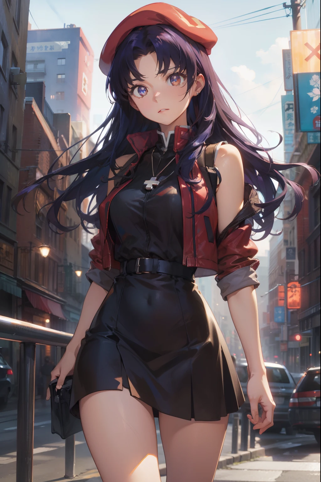 misatokatsuragi, misato katsuragi, pelo largo, (Ojos cafés:1.5), pelo azul, cabello purpura,
sombrero de descanso, vestido, hombros descubiertos, joyas, chaqueta, pendientes, ropa abierta, Sin mangas, collar, black vestido, open chaqueta, Sin mangas vestido, boina, short vestido, cruz, sombreros rojos, red chaqueta, cruz collar,
descanso mirando al espectador,
descansar al aire libre, ciudad,
BREAK (obra maestra:1.2), mejor calidad, Alta resolución, fondo de pantalla de unidad 8k, (ilustración:0.8), (hermosos ojos detallados:1.6), cara extremadamente detallada, Iluminación perfecta, CG extremadamente detallado, (manos perfectas, anatomía perfecta),