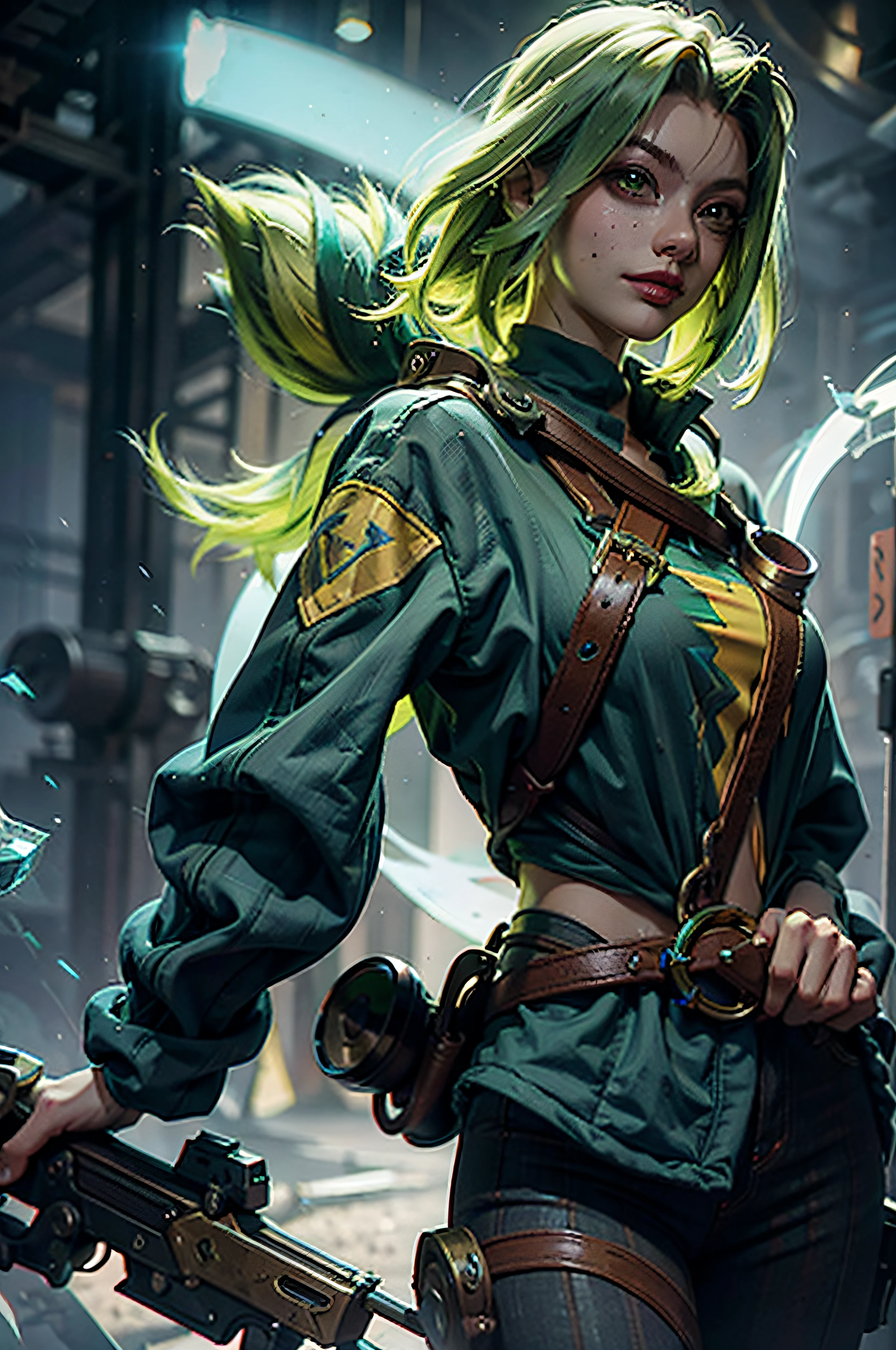 Psychedelic style, Персонаж игры League of Legends, zeri, Metaverse, Detail, green hair.