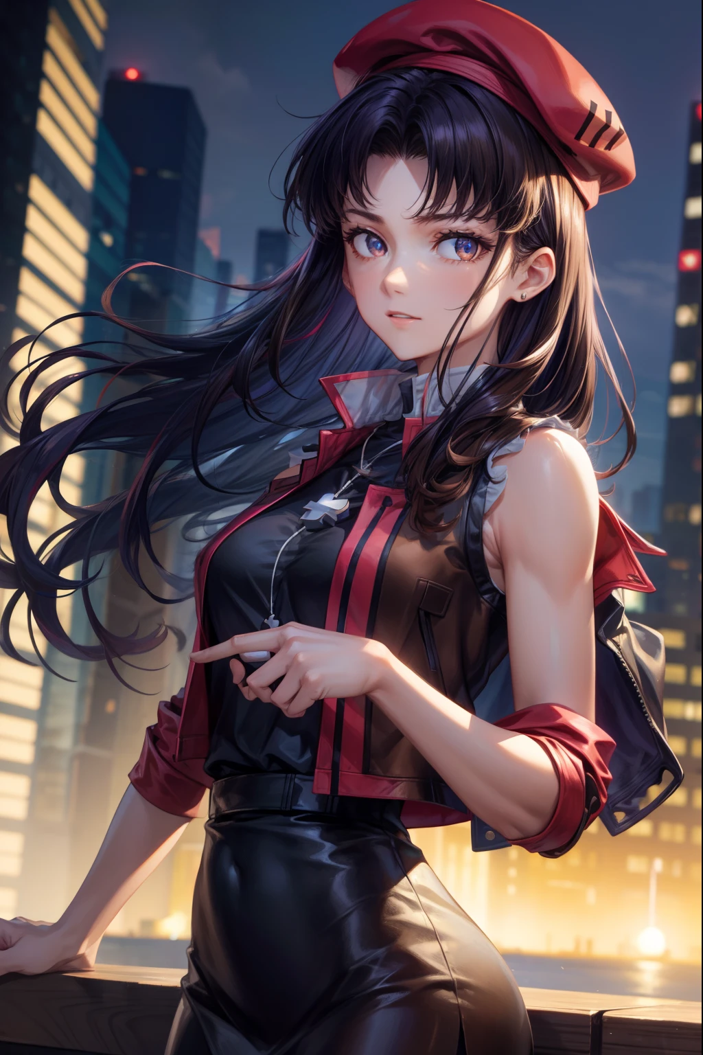 misatokatsuragi, misato katsuragi, long hair, (brown eyes:1.5), blue hair, purple hair,
BREAK hat, dress, bare shoulders, jewelry, jacket, earrings, open clothes, sleeveless, necklace, black dress, open jacket, sleeveless dress, beret, short dress, cross, red headwear, red jacket, cross necklace,
BREAK looking at viewer,
BREAK outdoors, city,
BREAK (masterpiece:1.2), best quality, high resolution, unity 8k wallpaper, (illustration:0.8), (beautiful detailed eyes:1.6), extremely detailed face, perfect lighting, extremely detailed CG, (perfect hands, perfect anatomy),