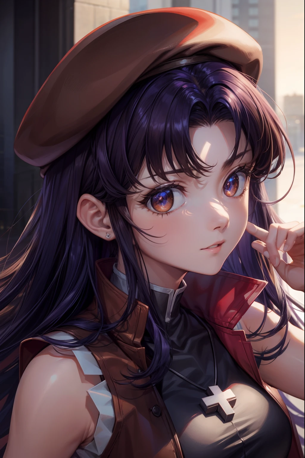 misatokatsuragi, misato katsuragi, long hair, (brown eyes:1.5), blue hair, purple hair,
BREAK hat, dress, bare shoulders, jewelry, jacket, earrings, open clothes, sleeveless, necklace, black dress, open jacket, sleeveless dress, beret, short dress, cross, red headwear, red jacket, cross necklace,
BREAK looking at viewer,
BREAK outdoors, city,
BREAK (masterpiece:1.2), best quality, high resolution, unity 8k wallpaper, (illustration:0.8), (beautiful detailed eyes:1.6), extremely detailed face, perfect lighting, extremely detailed CG, (perfect hands, perfect anatomy),