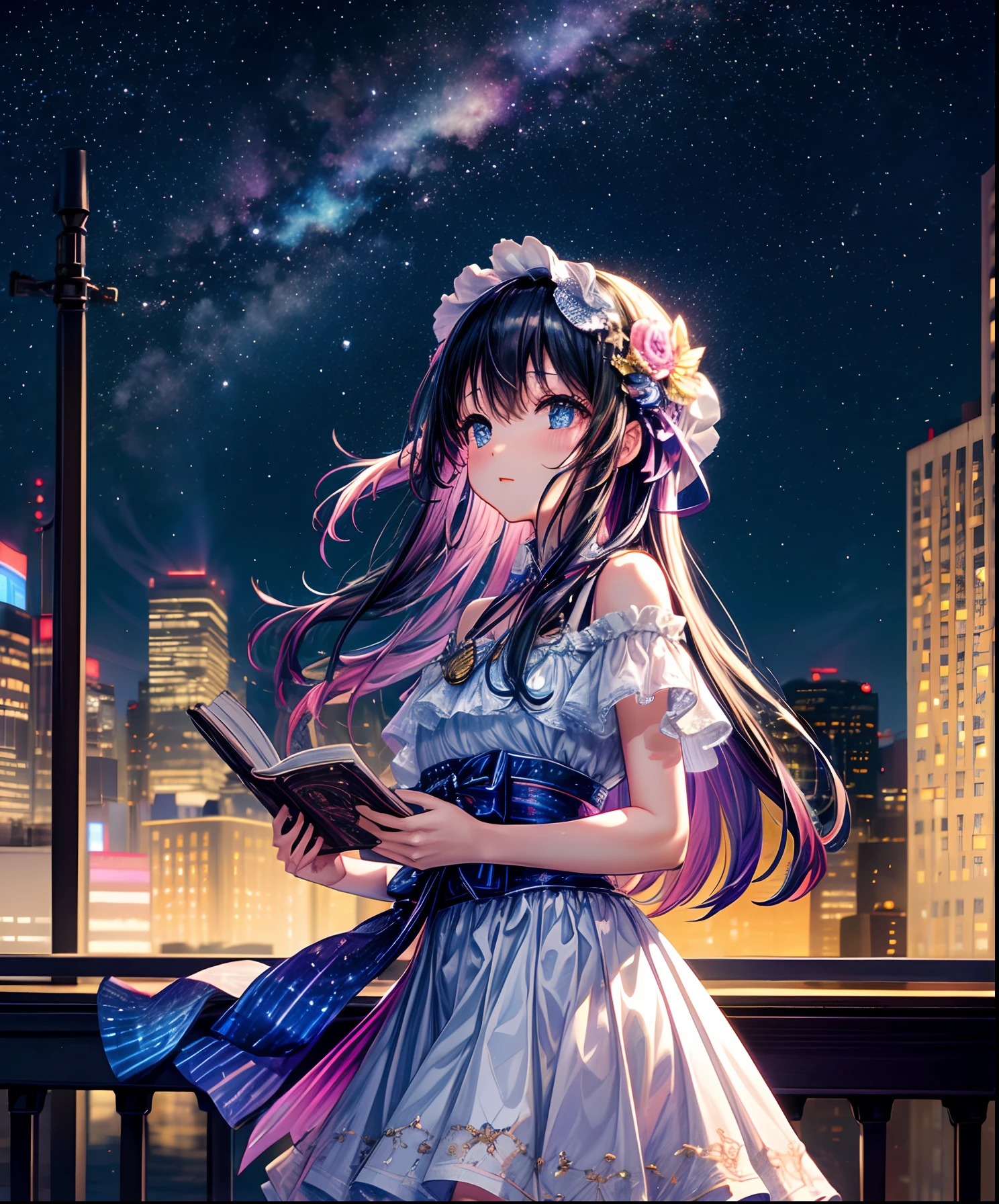 Sheet music playback、Colorful sheet music is played、Cute girl characters、 Night view from a high place、Drawing a large number of skyscrapers, Looking up at the starry sky. Surround her with colorful nebulae and colorful metropolis.