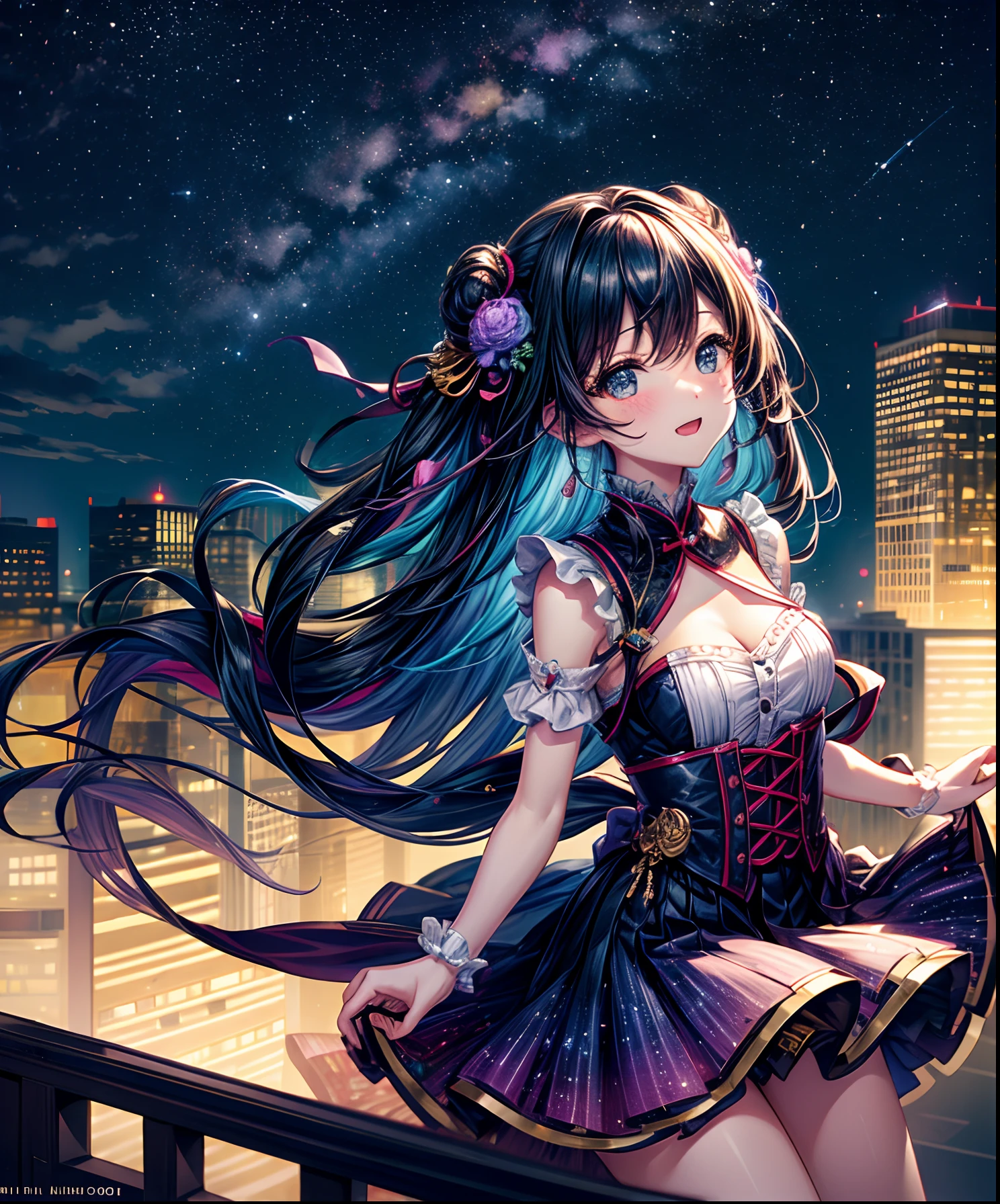 Sheet music playback、Colorful sheet music is played、Cute girl characters、 Night view from a high place、Drawing a large number of skyscrapers, Looking up at the starry sky. Surround her with colorful nebulae and colorful metropolis.