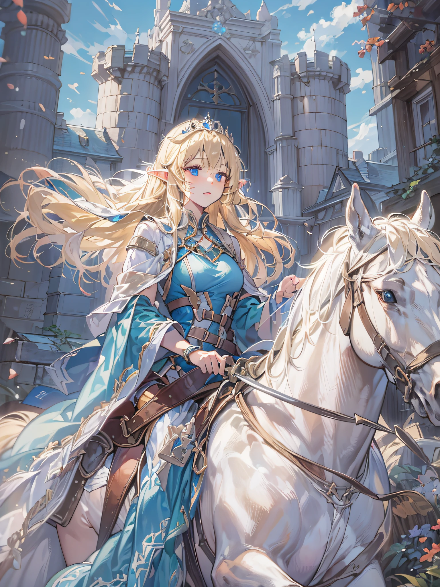 chica elfa, pelo largo rubio, blue eyes, Vestido azul, tiara de plata, tener una espada ceremonial, Montando un caballo blanco, frente a un castillo