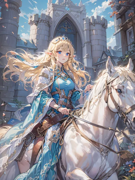 elf girl, blonde long hair, blue eyes, blue dress, silver tiara, having a ceremonial sword, riding a white horse, front of a cas...