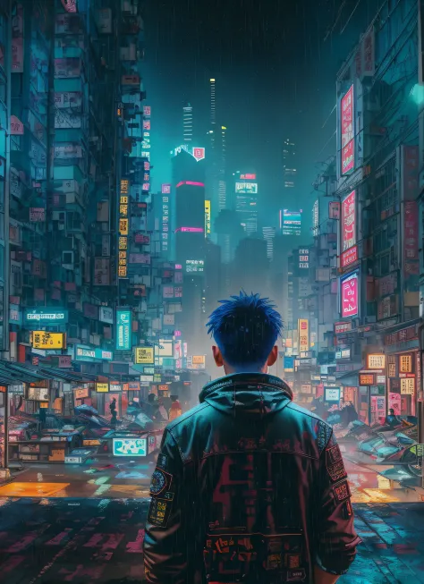 hong kong's street, cyberpunk, vapor punk, a man, from the back, looking at the skyscrapers, longly, centered, middle distance, ...