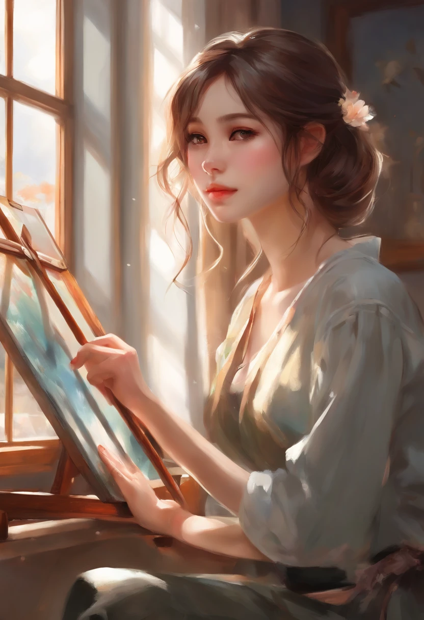 anime girl with a brush and a painting board in front of a window, painted in anime painter studio, realistic cute girl painting, beautiful anime portrait, anime. soft lighting, detailed painting 4 k, anime realism style, realistic anime artstyle, artwork in the style of guweiz, realistic anime art style, made with anime painter studio, portrait anime girl