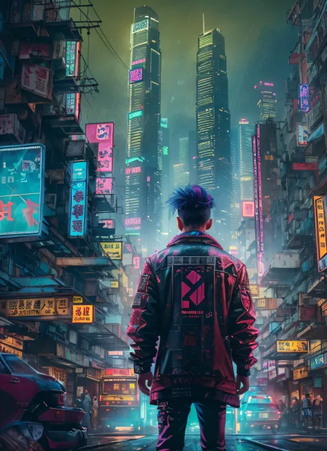 hong kong's street, cyberpunk, vapor punk, a man, from the back, looking at the skyscrapers, longly, centered, middle distance, ...