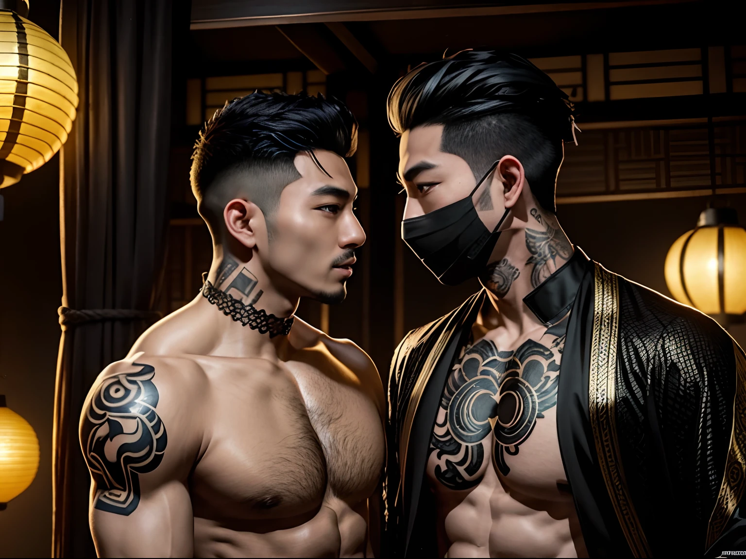 Dos hombres orientales, novio,homosexuales, en la diversion, juego de rol, Juega como un bandido sexy,gente masculina, Una mascara（de color negro）, beso, Oriental lanterns, cuerpo definido, hermoso, Oriental, Realista, cinematográfico, alta calidad, 16k, mejor calidad, Detalles altos, súper detalle, tatuajes, fotos de la parte superior del cuerpo, Los pantalones son un poco reveladores.