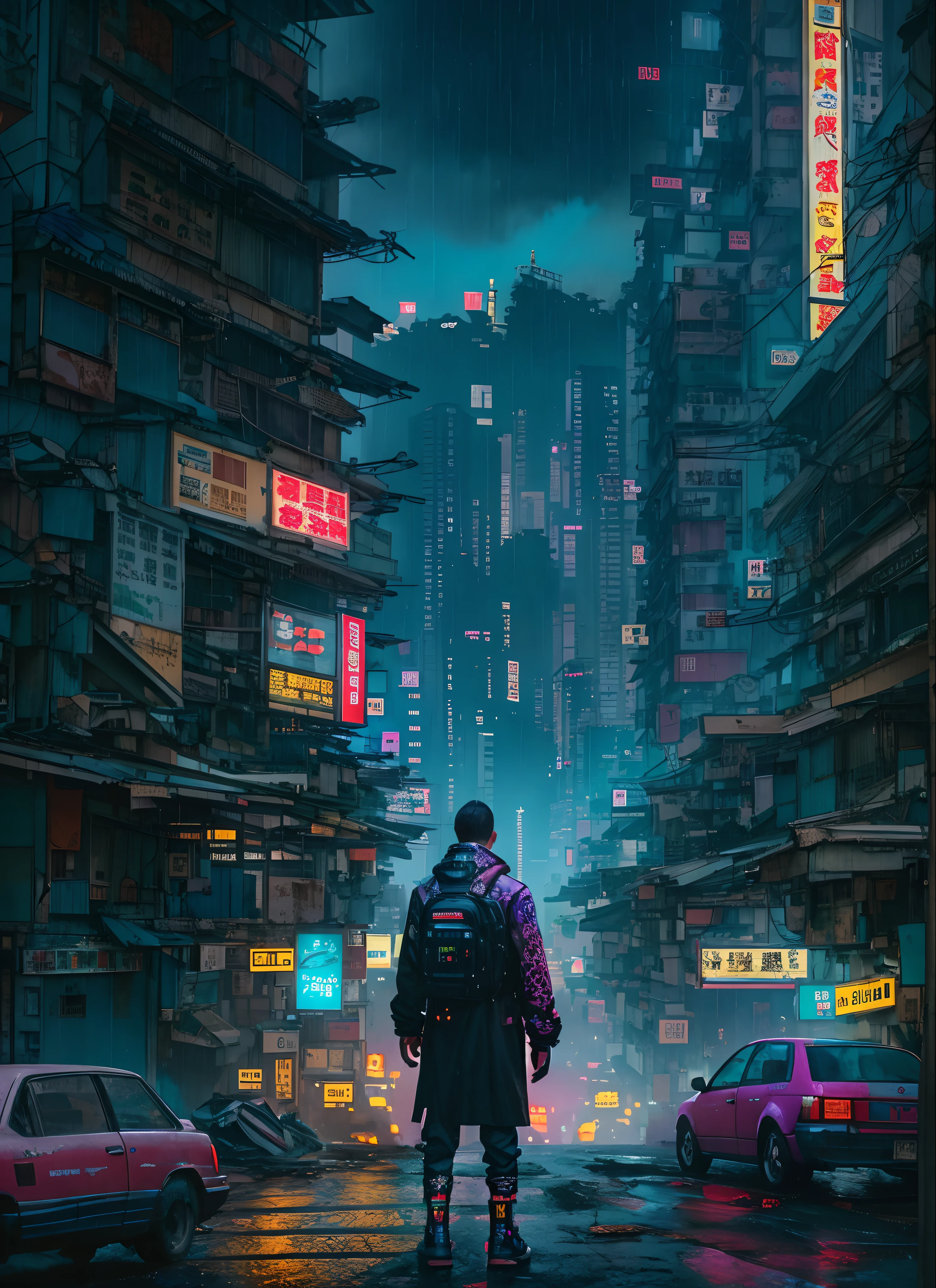 Hong Kong's Street, cyberpunk, vapor punk, a man, from the back, looking at the skyscrapers, longly, centered, middle distance, raining, (extremely detailed:1.2), (intricate neon slums in the background:1.1), hyper-detailed, (soft lighting:1.2), high resolution, filmic grain, ray tracing, Masterpiece, 8K, RAW.