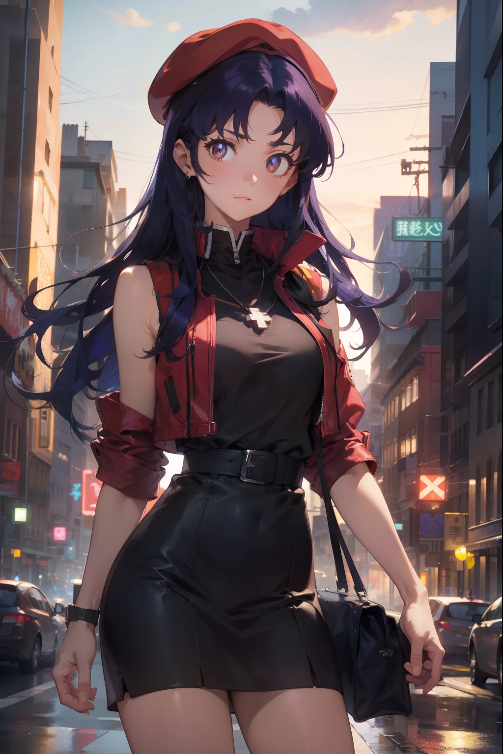 misatokatsuragi, misato katsuragi, long hair, (brown eyes:1.5), blue hair, purple hair,
BREAK hat, dress, bare shoulders, jewelry, jacket, earrings, open clothes, sleeveless, necklace, black dress, open jacket, sleeveless dress, beret, short dress, cross, red headwear, red jacket, cross necklace,
BREAK looking at viewer,
BREAK outdoors, city,
BREAK (masterpiece:1.2), best quality, high resolution, unity 8k wallpaper, (illustration:0.8), (beautiful detailed eyes:1.6), extremely detailed face, perfect lighting, extremely detailed CG, (perfect hands, perfect anatomy),