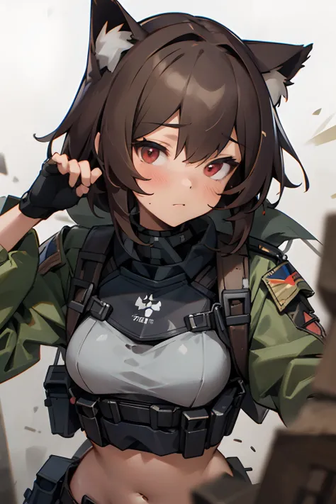 masterpiece, 8k, high quality, 1 girl, cat ears, (face portrait), red eyes, stockings, fingerless gloves, brown hair, (closeup), armor insert, ballistic plate, platecarrier, tactical armor, molle, tactical vest, chest rig, military