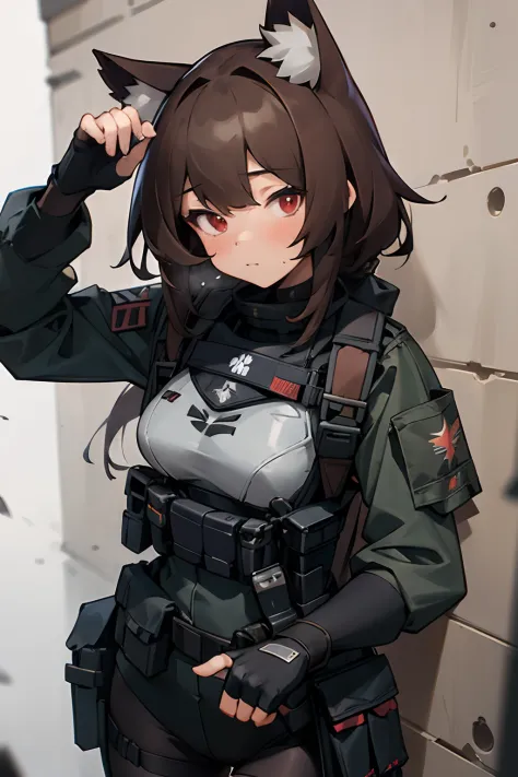 masterpiece, 8k, high quality, 1 girl, cat ears, (face portrait), red eyes, stockings, fingerless gloves, brown hair, (closeup), armor insert, ballistic plate, platecarrier, tactical armor, molle, tactical vest, chest rig, military, bulletproof armor, secu...