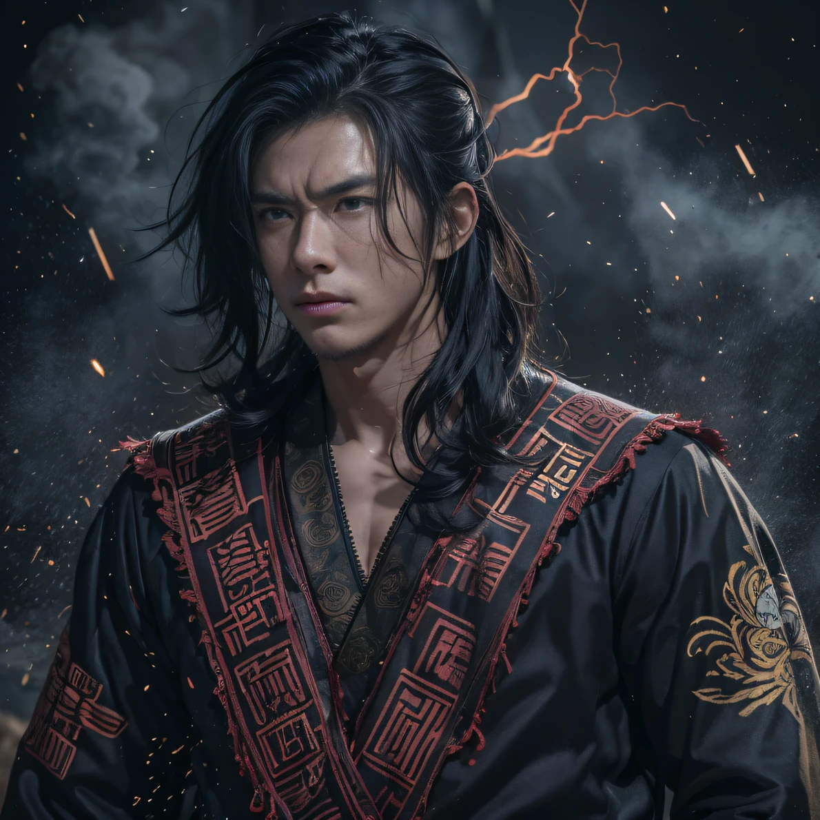 Face away from the camera（ruins）eyes filled with angry，He clenched his fists，Rush up，Deliver a fatal blow to your opponent，full bodyesbian，Full Body Male Mage 32K（tmasterpiece，k hd，hyper HD，32K）Long flowing black hair，Campsite size，zydink， a color， patriot （ruins）， （Linen batik scarf）， Angry fighting stance， looking at the ground， Batik linen bandana， Chinese camellia pattern long sleeve garment， （Abstract propylene splash：1.2）， Dark clouds lightning background，Flour flies（realisticlying：1.4），Black color hair，Flour fluttering，Background fog， A high resolution， the detail， RAW photogr，Telephoto miniaturization， Sharp Re， Nikon D850 Film Stock Photo by Jefferies Lee 4 Kodak Portra 400 Camera F1.6 shots, Rich colors, ultra-realistic vivid textures, Dramatic lighting, Unreal Engine Art Station Trend, cinestir 800，Flowing black hair,（（（Male mage））），The male mage was furious，