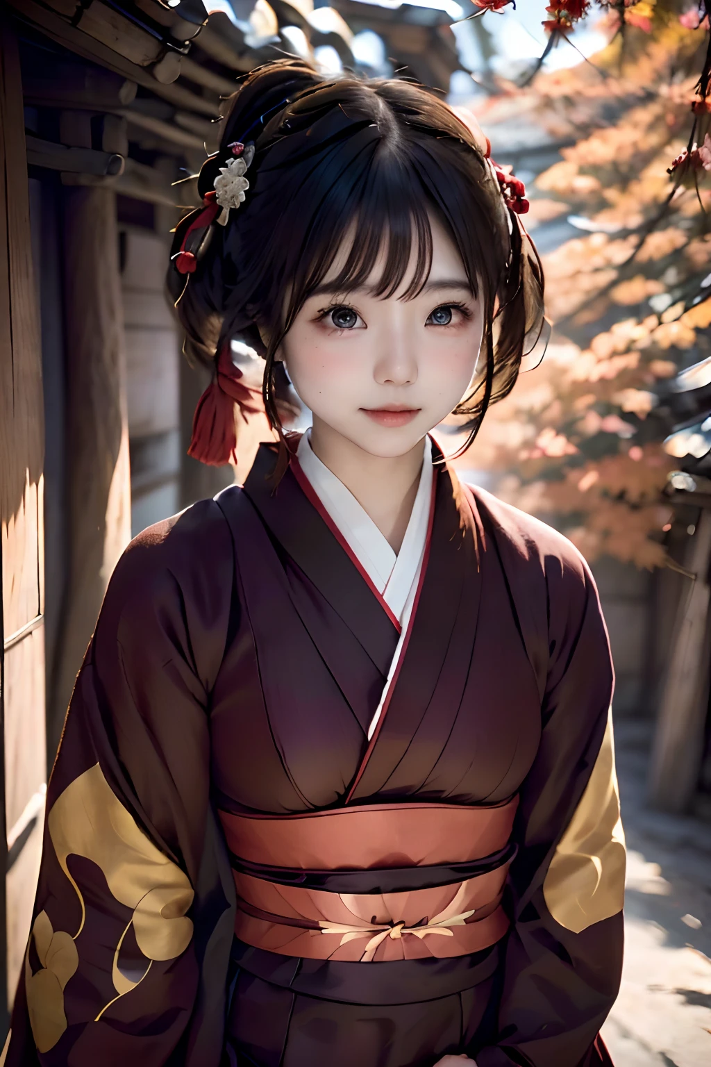 日本短髮女子數位肖像, 漂亮的臉蛋,頭髮凌亂,错综复杂, 電影般的, 虛幻引擎5, 华丽的, 令人難以置信的色彩分級, 和服,日式洋裝,還有, 攝影, 电影摄影, 艺术来自、微笑