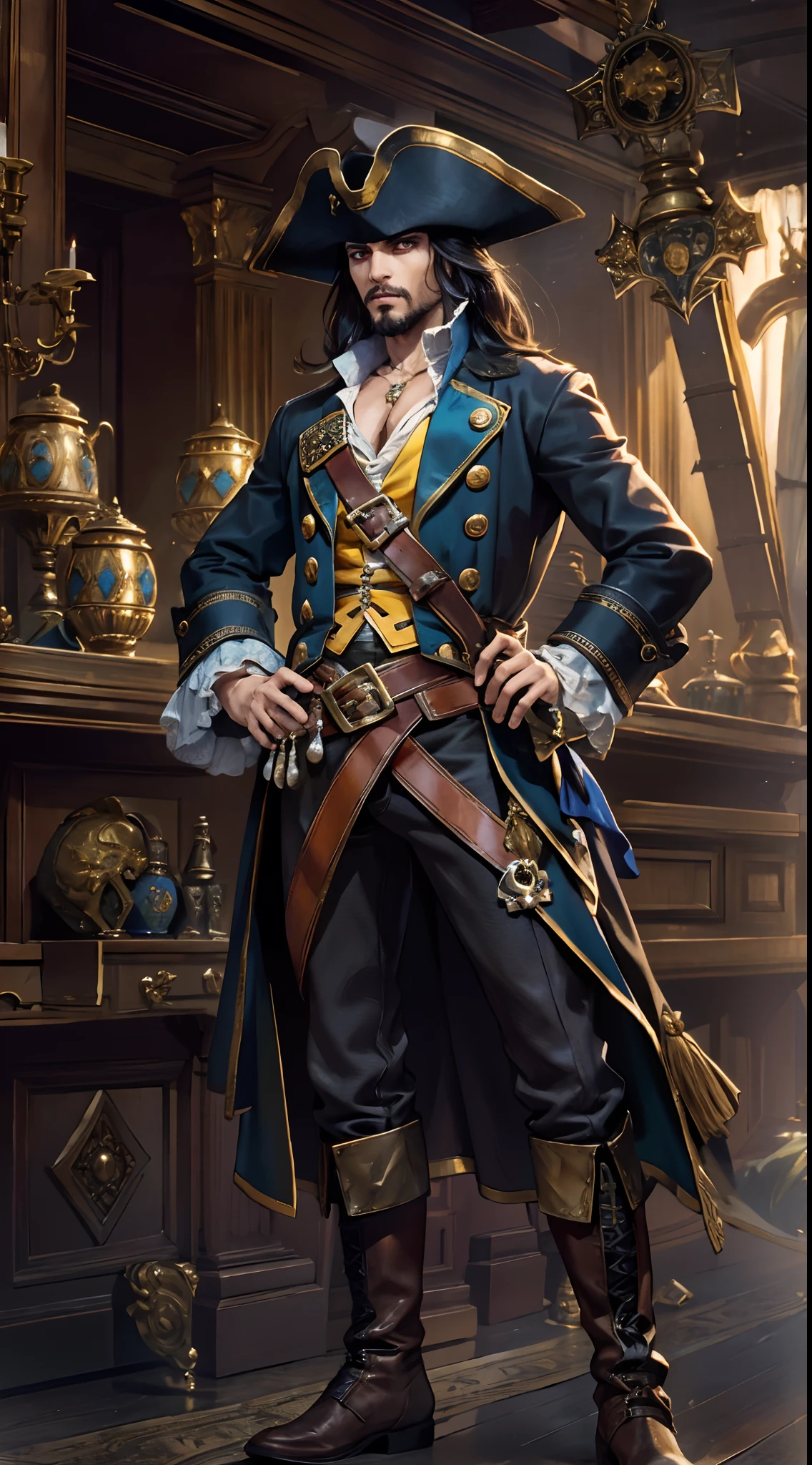 A middle-aged man with long black hair, medium length hair, wears a small round felt hat on his head, he has a cunning and sharp gaze, a beard, a tall and imposing figure, a fantasy-style pirate coat, sleeveless, exquisite stripes, a large skull pattern, has a golden sash around his waist, a leather belt with bone decorations, long gloves with metal ornaments, two-tone utility pants, knee-high leather boots, primarily in shades of black, accented by touches of red and yellow, he stands proudly at the bow of a massive pirate ship, this character embodies a finely crafted fantasy-style pirate in anime style, characterized by an exquisite and mature manga illustration art style, high definition, best quality, highres, ultra-detailed, ultra-fine painting, extremely delicate, professional, anatomically correct, symmetrical face, extremely detailed eyes and face, high quality eyes, creativity, RAW photo, UHD, 8k, Natural light, cinematic lighting, masterpiece:1.5