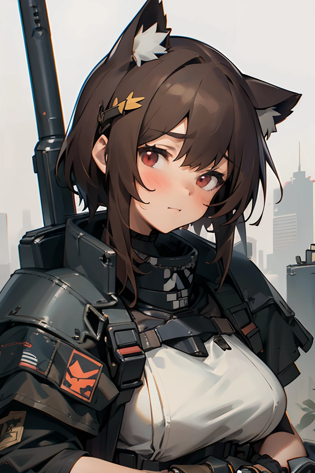 masterpiece, 8k, high quality, 1 girl, cat ears, (face portrait), red eyes, stockings, fingerless gloves, brown hair, (closeup), armor insert, ballistic plate, platecarrier, tactical armor, molle, tactical vest, chest rig, military, bulletproof armor, security equipment, peacekeeper, dystopian, ruined cityscape, destroyed cyberpunk