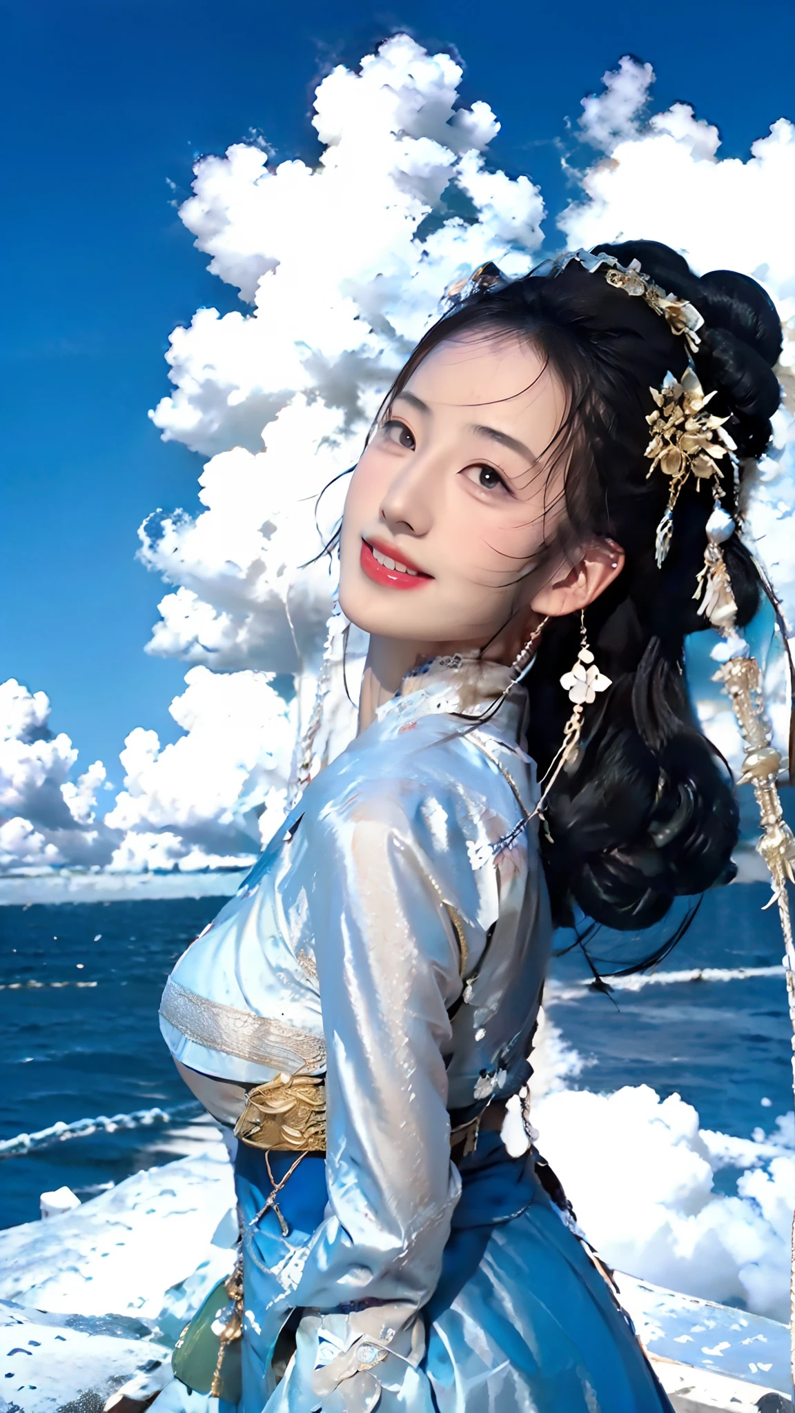 Best quality,masterpiece,ultra high res,(photorealistic:1.4),
Blue sky and white clouds,wind blow,Chinese architecture of the Song Dynasty,Cinematic lighting,
1girl,solo,real skin,clothes1beizi,hanfu,very long hair,huge breasts,double_bun,Chinese Song Dynasty elements,jewelry,long legs,light smile,