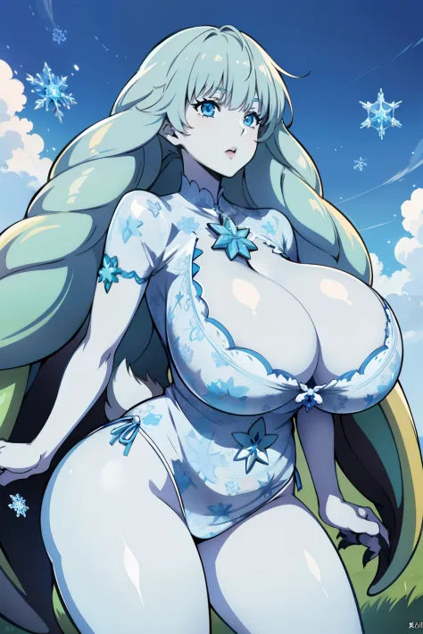anime cels style, best quality, high resolution, xc2dahlia, blue skin, snowflake print, rabbit tail, claws, 1woman, mature female, beautiful face, (huge breasts:1.2), sky
