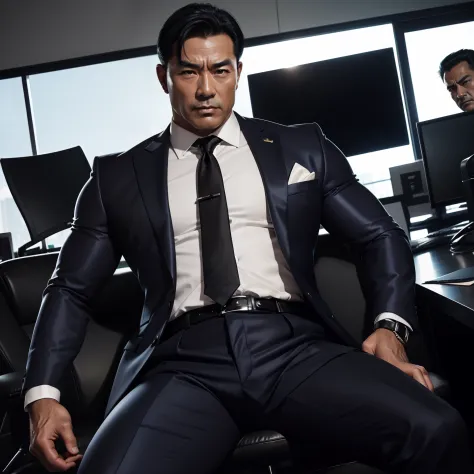 50 years old,daddy,shiny suit sit down,k hd,in the office,muscle, gay ,black hair,asia face,masculine,strong man,the boss is hor...