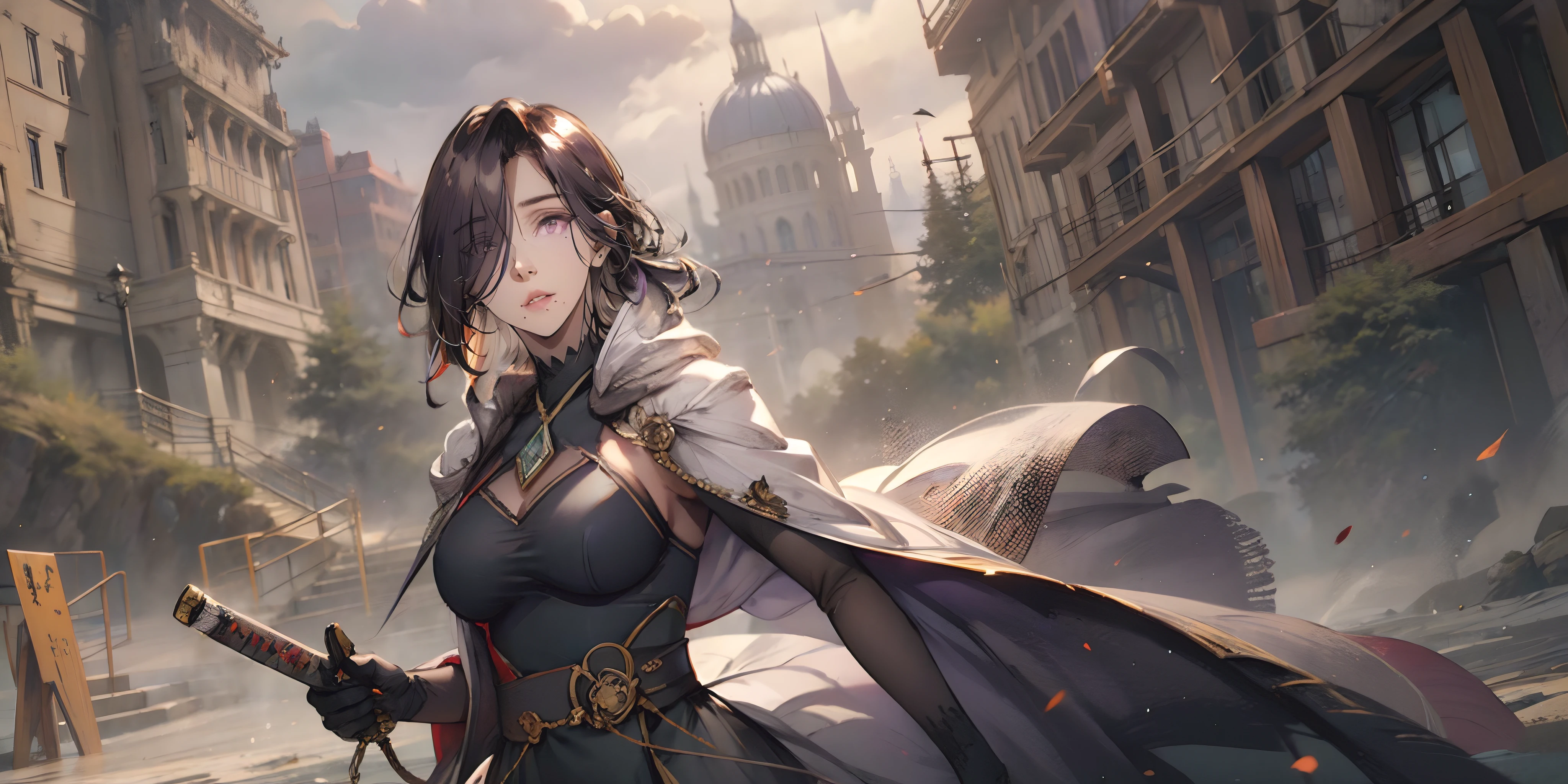 AuroraV4, (dark-purple hair, long hair, hair over one eyes:1.6), glowing eyes, hollow eyes, purple eyes, epic art, fantasy scenery, mole under mouth, 1girl, sword, gloves, black_gloves, katana, building, cape,  breasts, holding, solo, sheath, looking_at_viewer, outdoors, architecture, glow effects, godrays, Hand drawn, render, 8k, octane render, cinema 4d, blender, dark, atmospheric 4k ultra detailed, cinematic, Sharp focus, big depth of field, Masterpiece, colors, 3d octane render, 4k, concept art, trending on artstation, hyperrealistic, Vivid colors, extremely detailed CG unity 8k wallpaper, trending on CGSociety, Intricate, High Detail, dramatic