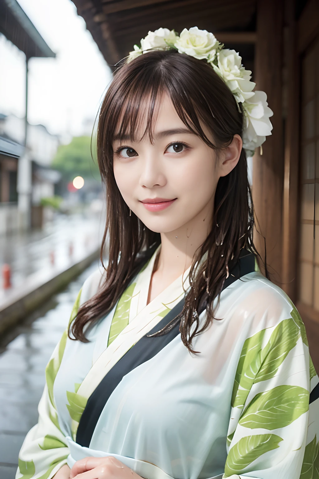 ((最高品質、傑作、写真のような:1.4、8Kで))、美しい日本人女性１人、２5歳、美しい髪、繊細で美しい顔、目と顔のディテールが 、美しい照明、笑い、キメのある肌、スーパーディテール、細部までこだわった、高品質、高解像度、(着物が雨に濡れて透けて見える:1.3)、バンッス、全身エズビアン、(雨が降っている:1.2)、アジサイ、日本の伝統的な街並み、