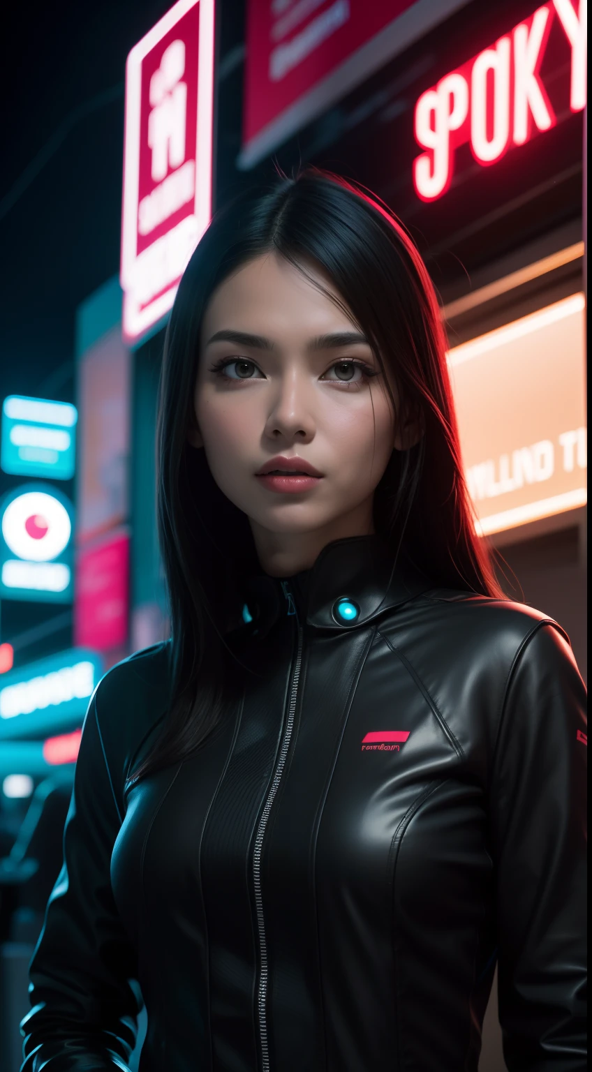 Create a futuristic sci-fi portrait featuring the Malay woman in sleek, high-tech attire, posing against a backdrop of advanced technology and neon lights, symbolizing innovation and progress