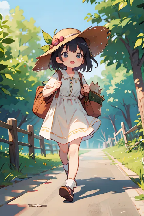 Girl dressed to go on an adventure、bustup、Walking while humming、Looks like a lot of fun、Wearing a straw hat