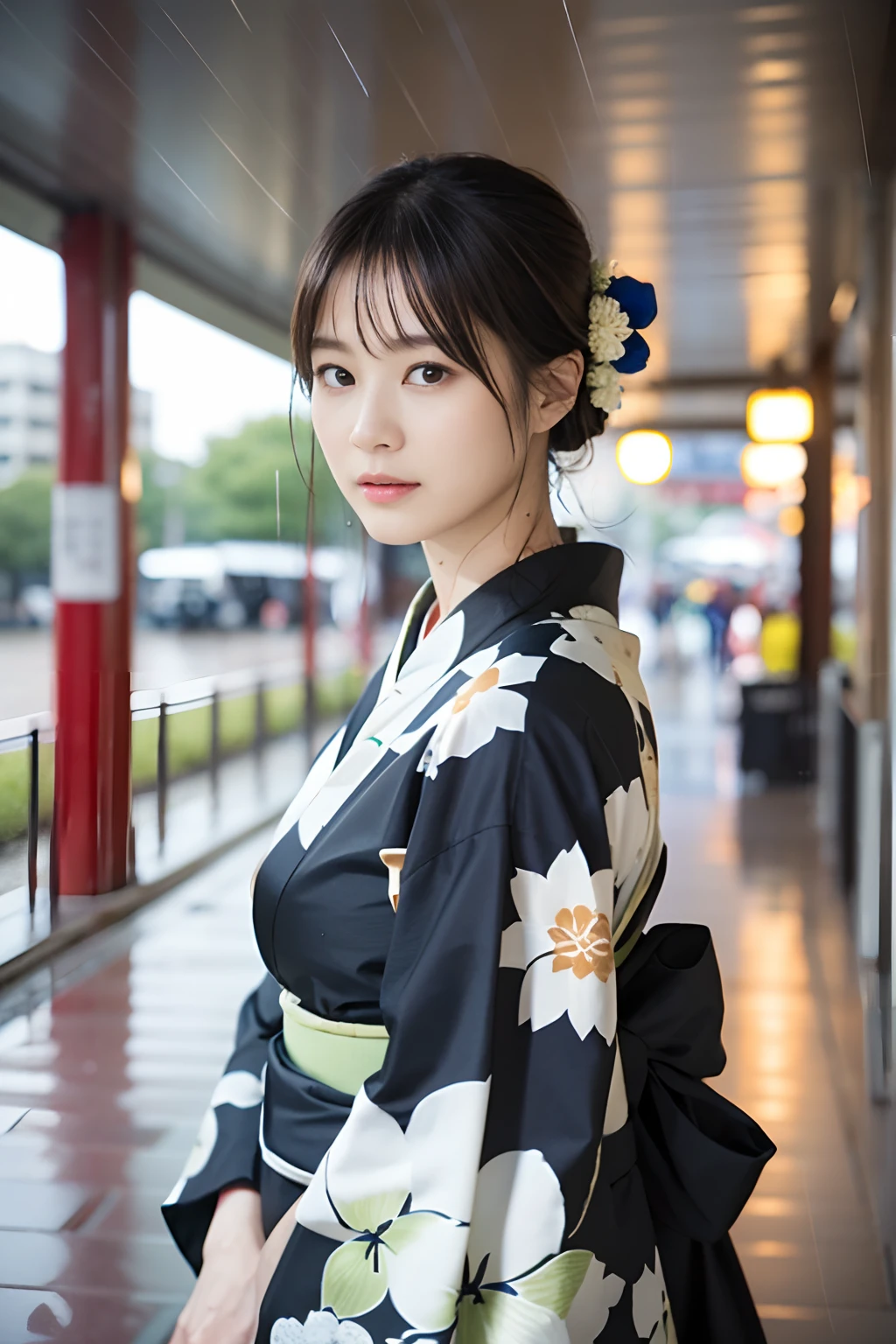 ((최고 품질、걸작、사실적인:1.4、8K로))、아름다운 일본 여자１사람、２5 세、아름다운 머리、섬세하고 아름다운 얼굴、디테일한 눈과 얼굴 、아름다운 조명、당황한 얼굴、질감 있는 피부、슈퍼 디테일、높은 디테일、고품질、최고 해상도、(The kimono is 젖은 from the rain:1.3)、앞머리、전신 에스비언、(비가 내리고 있다:1.2)、일본 버스 정류장、젖은