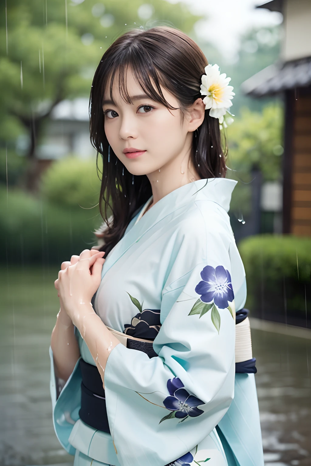 ((top-quality、​masterpiece、photographrealistic:1.4、in 8K))、beautiful japanese female１a person、２5years old、beautiful hairl、delicate and beautiful face、Eyes and faces with detailed 、Beautiful lighting、Embarrassed face、Textured skin、Super Detail、high detailing、High quality、hight resolution、(The kimono is wet from the rain:1.3)、bangss、full body Esbian、(rain is falling:1.2)、Wet