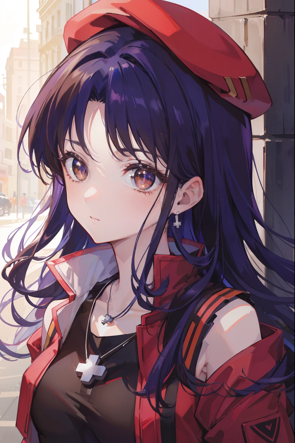 misatokatsuragi, misato katsuragi, long hair, (brown eyes:1.5), blue hair, purple hair,
BREAK hat, dress, bare shoulders, jewelry, jacket, earrings, open clothes, sleeveless, necklace, black dress, open jacket, sleeveless dress, beret, short dress, cross, red headwear, red jacket, cross necklace,
BREAK looking at viewer,
BREAK outdoors, city,
BREAK (masterpiece:1.2), best quality, high resolution, unity 8k wallpaper, (illustration:0.8), (beautiful detailed eyes:1.6), extremely detailed face, perfect lighting, extremely detailed CG, (perfect hands, perfect anatomy),