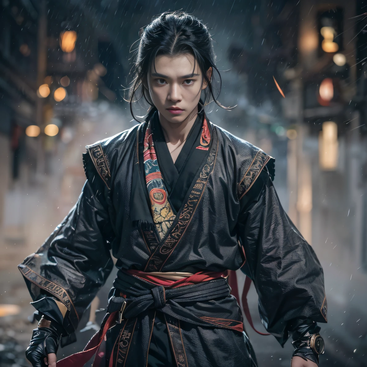 Face away from the camera（废墟）eyes filled with angry，He clenched his fists，Rush up，Deliver a fatal blow to your opponent，full bodyesbian，Full Body Male Mage 32K（tmasterpiece，k hd，hyper HD，32K）Long flowing black hair，Campsite size，zydink， a color， patriot （废墟）， （Linen batik scarf）， Angry fighting stance， looking at the ground， Batik linen bandana， Chinese camellia pattern long sleeve garment， （Abstract propylene splash：1.2）， Dark clouds lightning background，Flour flies（realisticlying：1.4），Black color hair，Flour fluttering，Background fog， A high resolution， the detail， RAW photogr，Telephoto miniaturization， Sharp Re， Nikon D850 Film Stock Photo by Jefferies Lee 4 Kodak Portra 400 Camera F1.6 shots, Rich colors, ultra-realistic vivid textures, Dramatic lighting, Unreal Engine Art Station Trend, cinestir 800，Flowing black hair,（（（Male mage））），The male mage was furious，