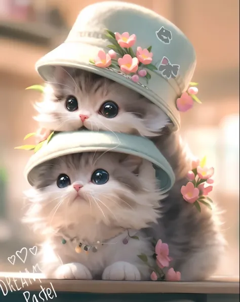 There are two cats wearing hats on the table, Cute hats, adorable digital art, Cute cats, lovely digital painting, cute cute, very beautiful cute catgirl, Cute detailed digital art, Cute and lovely, smol fluffy cat wearing smol hat, Cute kittens, wearing a...