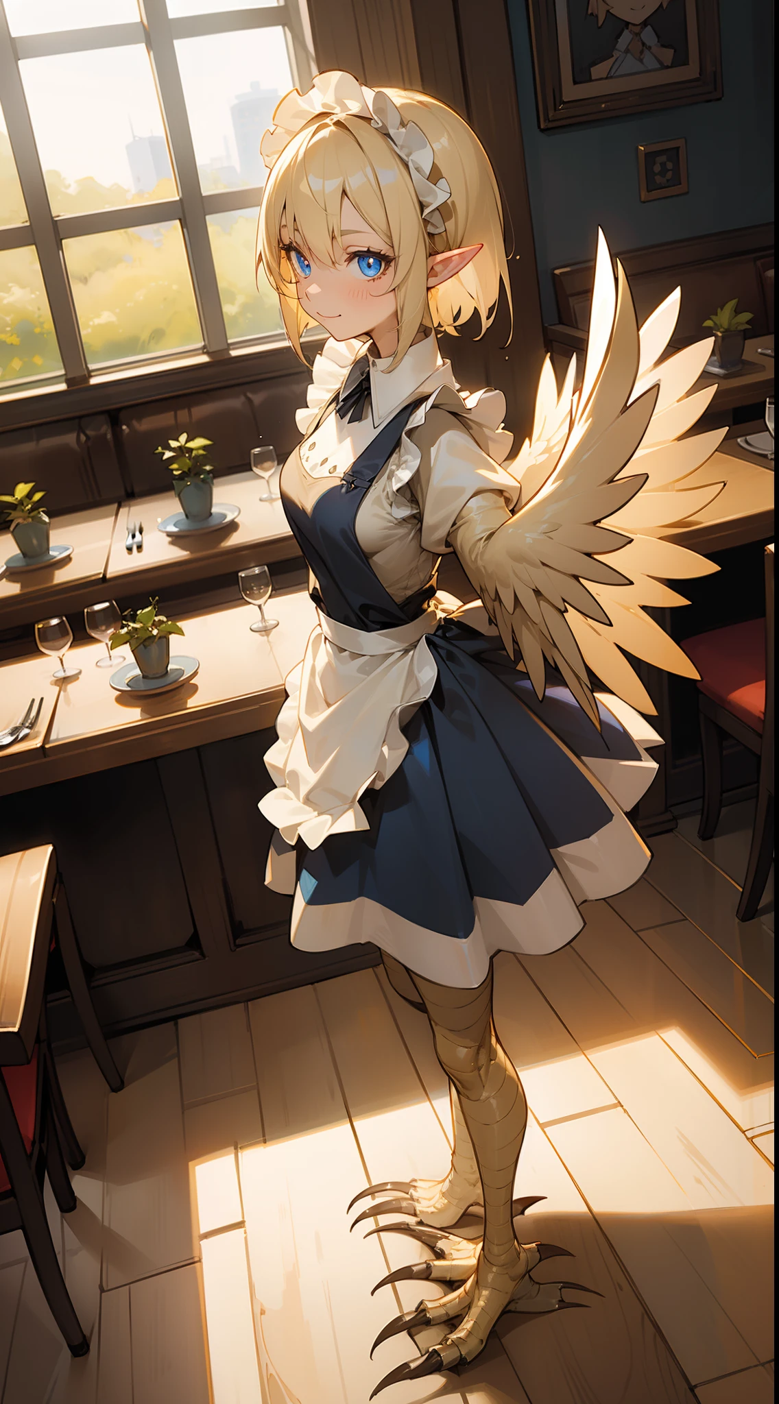 1girl,solo,happy face,maid outfit,medium ,pointy ears,light blonde hair,short hair,blue eyes,harpy,(((light blonde wings))),claws,no arms,(((standing in a restaurant)))