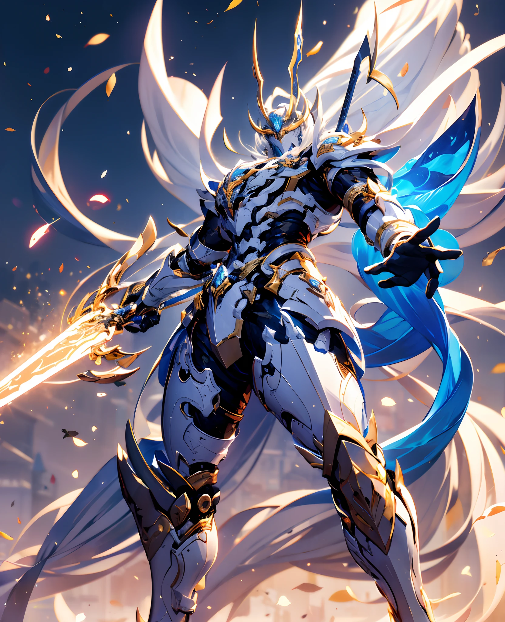 Futuristic tech style,Blue and white mech，All surrounded by particle dragons，With a spear，in a fighting stance，（《Romance of the Three Kingdoms》，《zhao yun》，Full body mecha,Fighting posture）, Keqing from Genshin Impact, (Masterpiece) ， The best quality， High quality，Gold armor，电影灯光， （Exquisite future）， Beautiful and beautiful， Ultra detailed， great composition， Floating， Depth of field， （Very detailed CG，Unity 8k壁纸）， （Beautiful detail background）， dramatic lights， GOGETTA， Mecha，best qualtiy，超高分辨率，Vivid Wait for it to begin