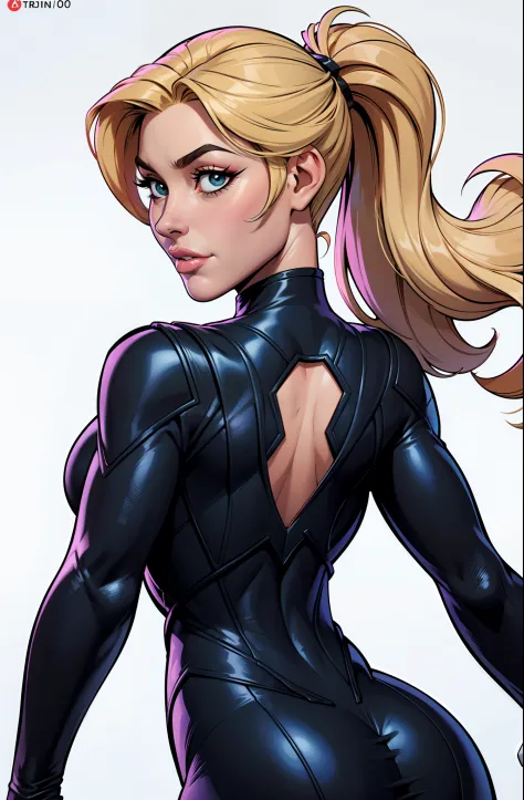 A cartoon of a blonde woman in a black widow suit behind her back, (((whole body view))), (((corpo inteiro: 1.0))), (((Back view...