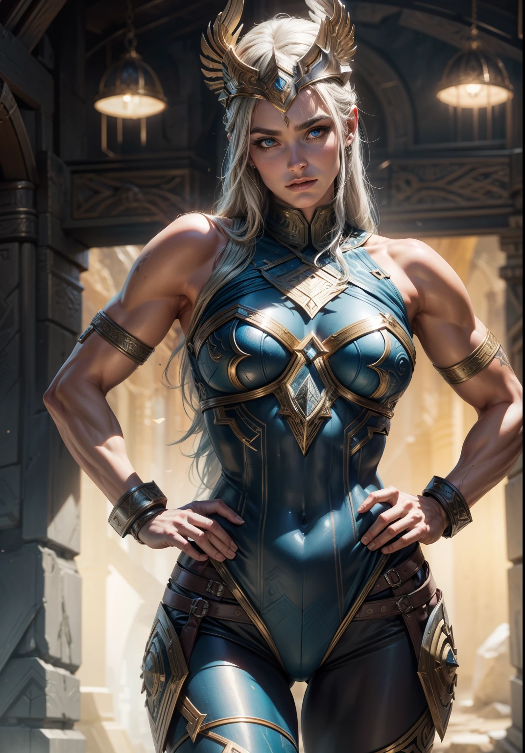 Asgard, Valkyrie，1 muscular woman, Lady Knight，anatomical correct，epic fantasy digital art，tmasterpiece，8K，high-definition resolution，detailed drawing，Quality Superior，, Epic composition, muscular body