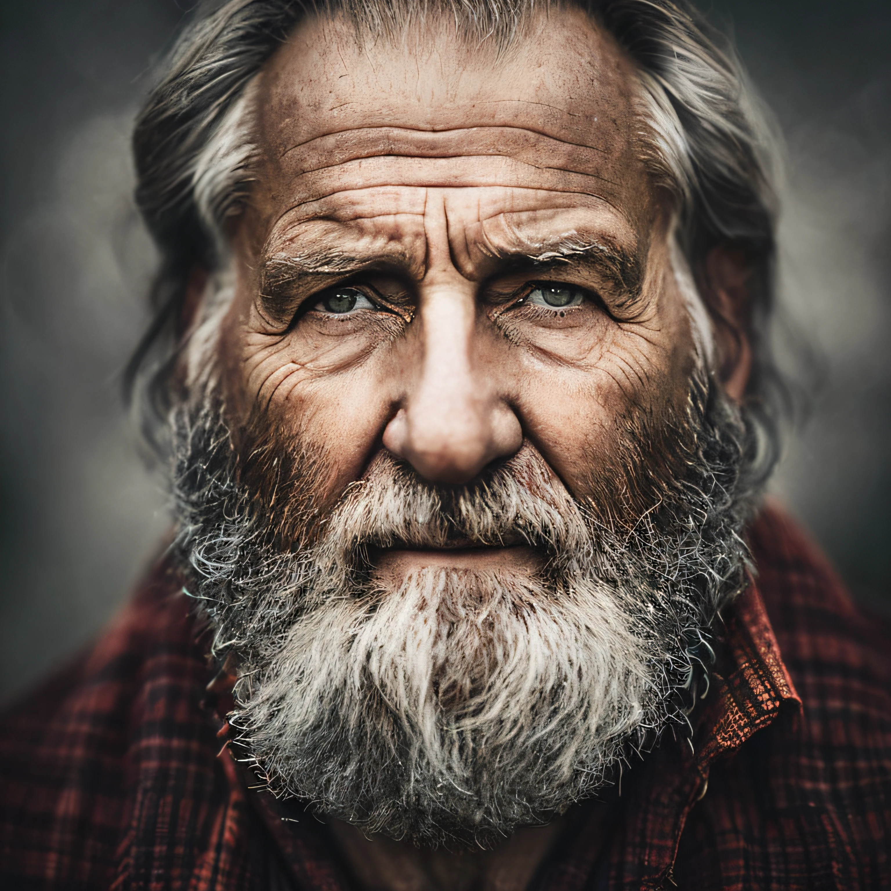 closeup portrait of an old bearded man with a girn , symmetrical face,  Outdoor lighting, Brooding atmosphere, sharp eyes