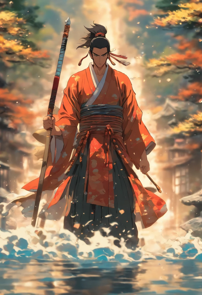 (((Man with a Japanese spear))) best quality, ultra-high resolution, 4K detailed CG, masterpiece, Izanagi,Black hair,man, with a Japanese spear, yari Sōjutsu,water,river,feudal Japan, ((Samurai spear)),Shui Mo Hua,Chinese painting style, Thangka Style, aesthetics, beautiful image,centered on the canvas