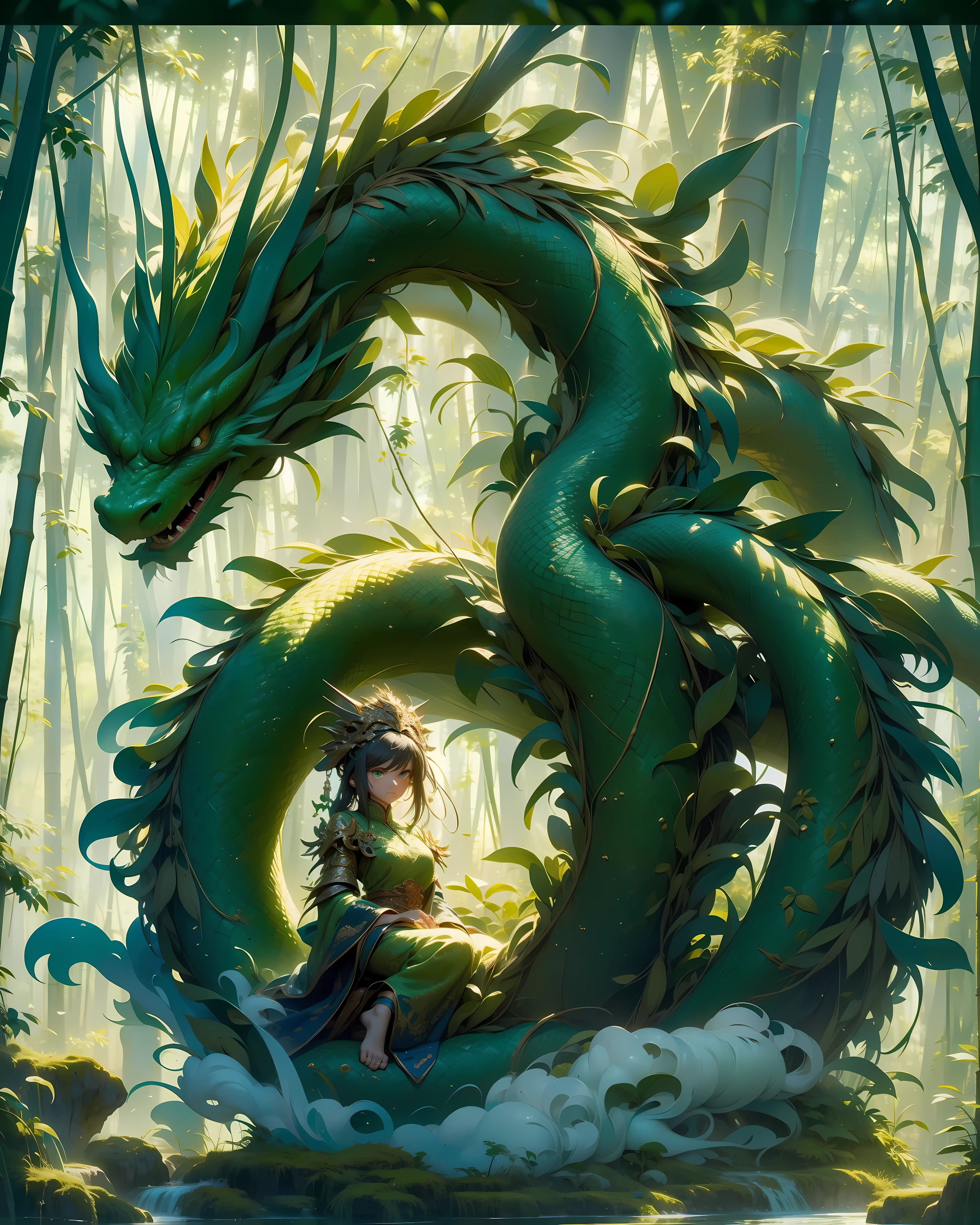 (masterpiece, top quality, best quality, official art, beautiful and aesthetic:1.2), Full Body, 1Chinese Green Dragon protecting 1goddess, 1goddess, 1dragon, beautiful, intricate details, detailed eyes, maskara, love, adoration, emotions, white and green color, Bamboo Forest background, UHD