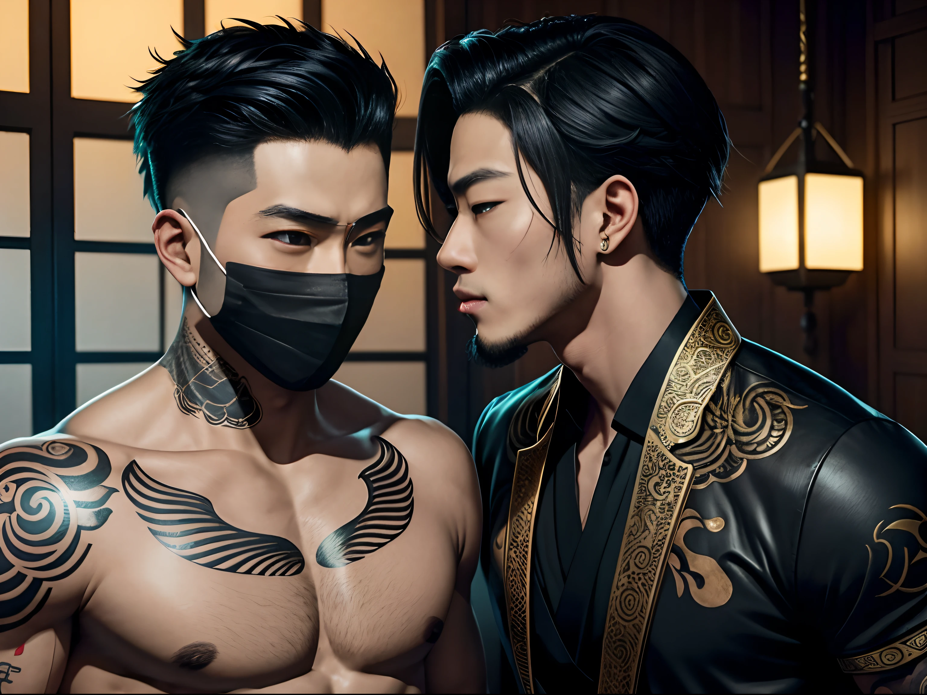 Two oriental men, Boyfriend,Gay, In lovemaking, roleplaying, Play as a sexy bandit（Coquettish）,A mask（black in color, Wear it on your face, Balaklafa）!!,Kim Sejia's anime eyes, Shin Jung-ho's anime eyeman,  Kiss!!,Head fit, It's almost a kiss, Oriental lanterns, body defined, Beautiful, Oriental, Realistic, Cinematic, High quality, 16k, Best quality, High details, Super detail, Tattoos, upper body photos, The pants are a little revealing