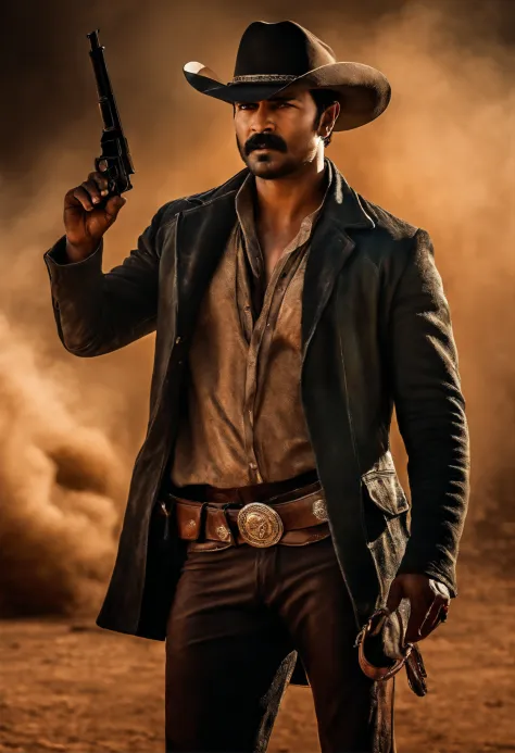 Actor thalapthy vijay as cowboy with a gun in hand artistic style image realstic standing near a horse wind blowing dust effect