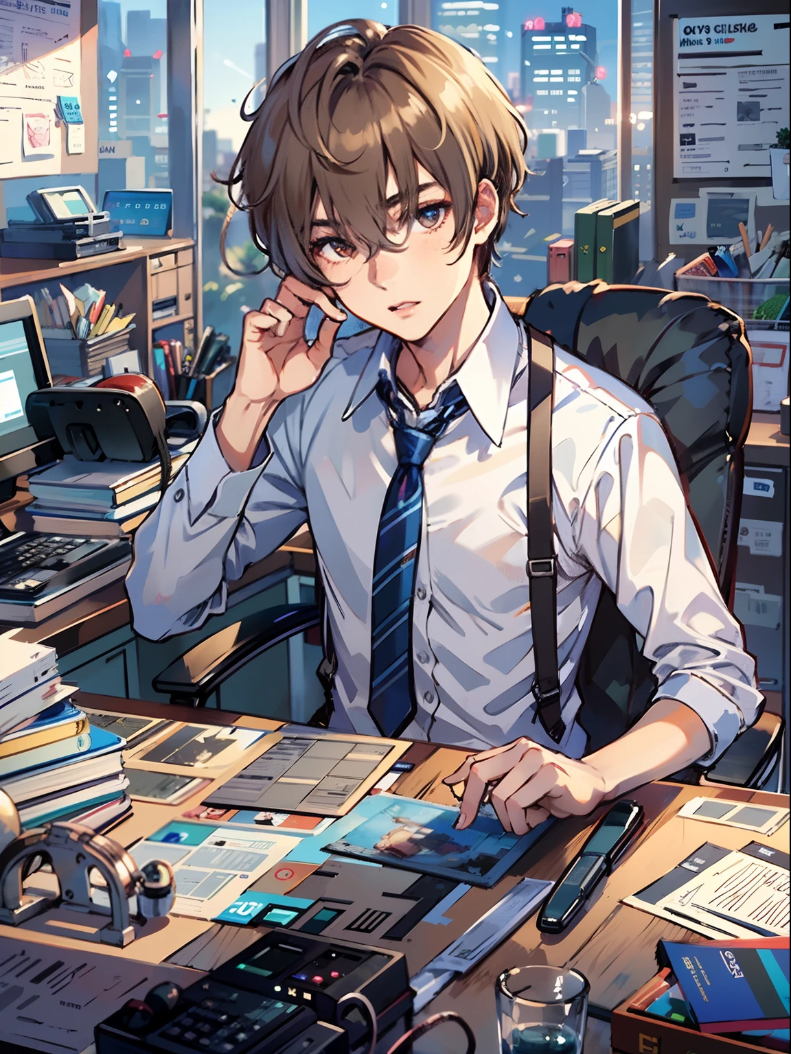 1boy,15 only、(Man's :2),(bobhair:1.5)、light brown hair、Suits、Brightly colored ties、Cluttered office、Twilight,Natural lighting、hightquality、masutepiece,8K,hight resolution、