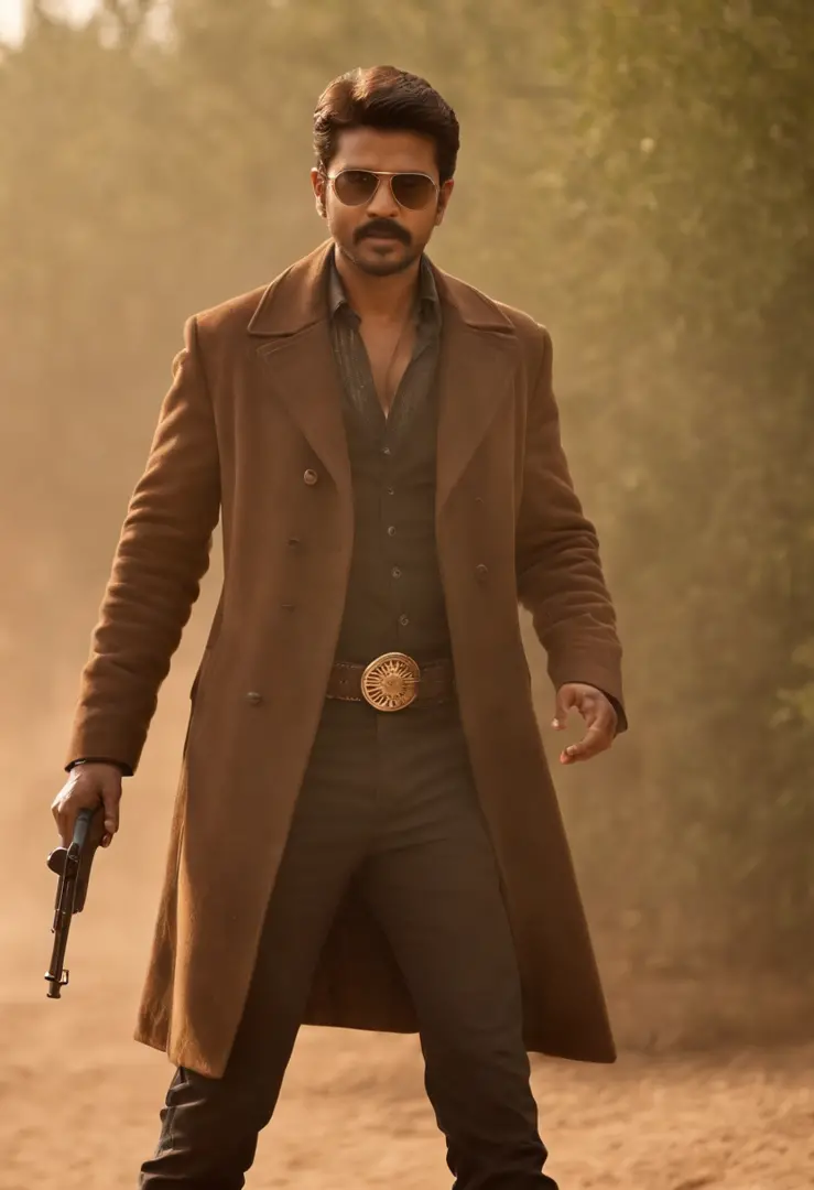 thalapthy vijay as cowboy with a gun in hand artistic style image realstic wearing brown coat in place where there is wind blowing dust effect having a wild look and beard and rage in the eyes with a ciggarette in his mouth and wearing cool sunglass in a b...