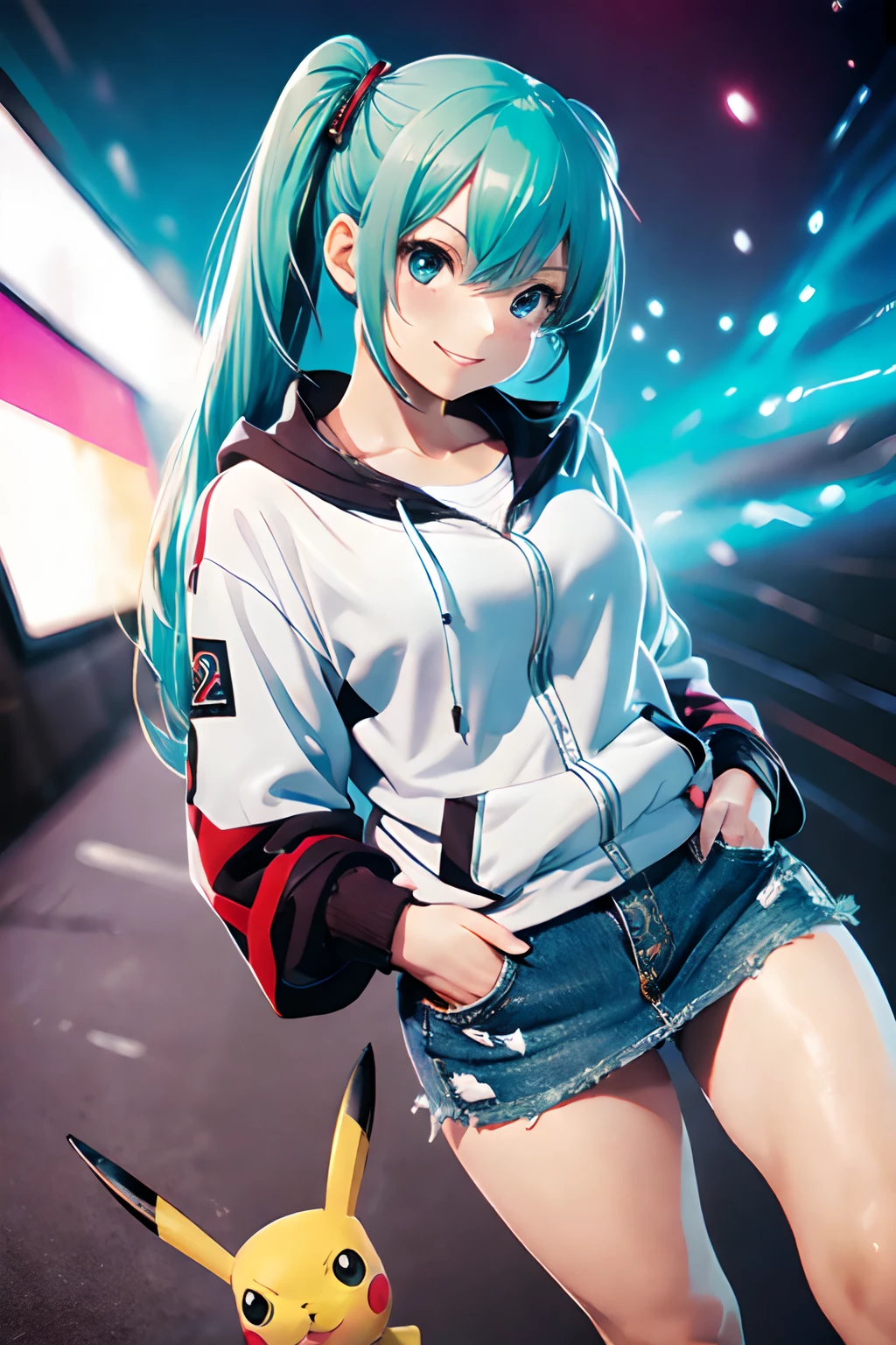 Ahegao、Pikachu、qualité supérieure, photoréaliste, Des illustrations ultra fines, belle fille anime attrayante, miku hatsune, Corps mince, cheveux attachés, une fille, une photo de fille, photo de tout le corps, beaux yeux bleus, Tourné、miku hatsune、Pokémon, Manteau Pikachu，surréalisme, le réalisme, éclairage cinématographique, Film Fuji, Sony FE, Sony FE GM, hyper HD, dessus de la table, haute qualité, haute résolution, super détail，Pikachu, blanc de peau, les mains dans la poche，sexy pour, Jupe courte en jean souriante, cheveux dégradés, yeux aqua