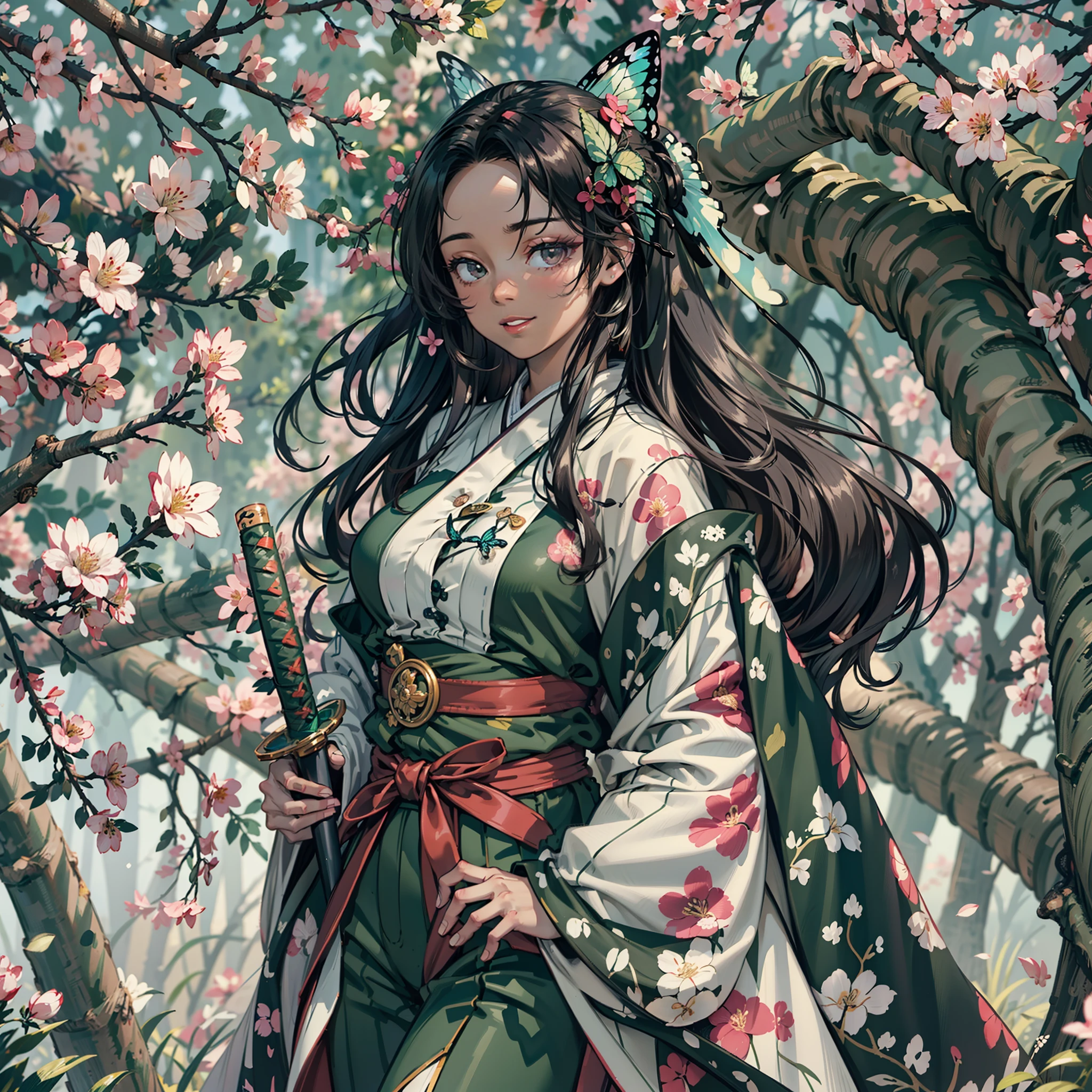 1 person,Beautiful dark-skinned girl standing under cherry blossom tree，Holding a natural katana, Long black hair with elegant curls, Beautiful handmade gold flower pins on hair, (butterfly hair ornament:1.1), Bright smile, Plump big lips, Large glowing green eyes, Wearing a Demon Slayer uniform, Loose black demon killer pants，Fasten with a large white belt, Wear traditional green haori，The black Demon Slayer uniform has purple and red flower motifs,Demon Slayer Style, 8K resolution, High quality, Best quality, (Masterpiece), Highly detailed, Good shadows