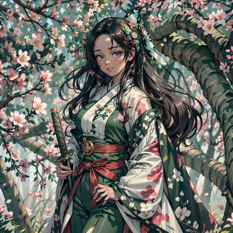 1 person,beautiful dark-skinned girl standing under cherry blossom tree，holding a natural katana, long black hair with elegant c...