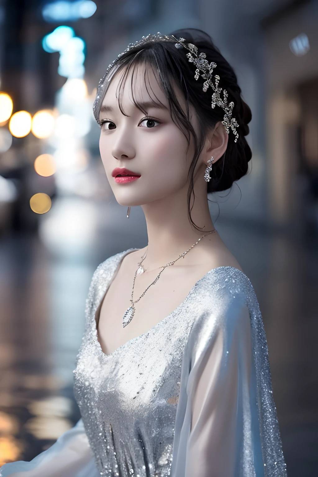 (8k, top quality, masterpiece: 1.2), 1 girl, hair ornament, portrait, (long loose silver exposed dress: 1.1), necklace, blue nails, cute, cityscape, night, rain, wet, professional lighting, photon mapping, radiosity, physically based rendering, (mature woman: 1.3), (intricate details, taut clothes, hair ornament: 1.2),