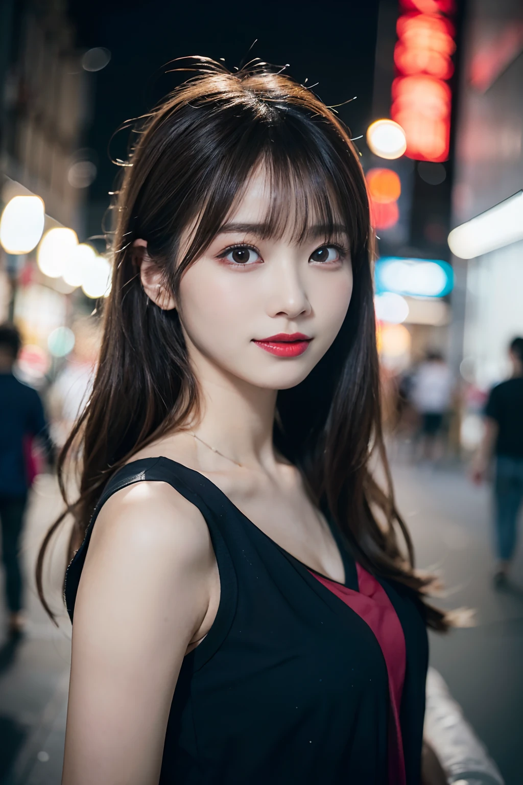 (8K,Raw photo、Raw photo、top-quality、Master masterpiece:1.2)、ultra-detailliert、Super Resolution、(Photorealsitic:1.3)、Angle to shoot from the front、Clearly draw shades of light、high resolution RAW color photos、professional photograpy、Same skin type as humans、Female proofreading of Japan from head to waist、Blur the background、Draws faithfully to anatomy、Night city、Very detailed and beautiful、Ultra-high image quality、long、Brown hair fluttering in the night breeze、Hair swaying and sexy、Very detailed beautiful girl、（Pink Eye Shadow）、smil、Plain clothe、The upper part of the body、