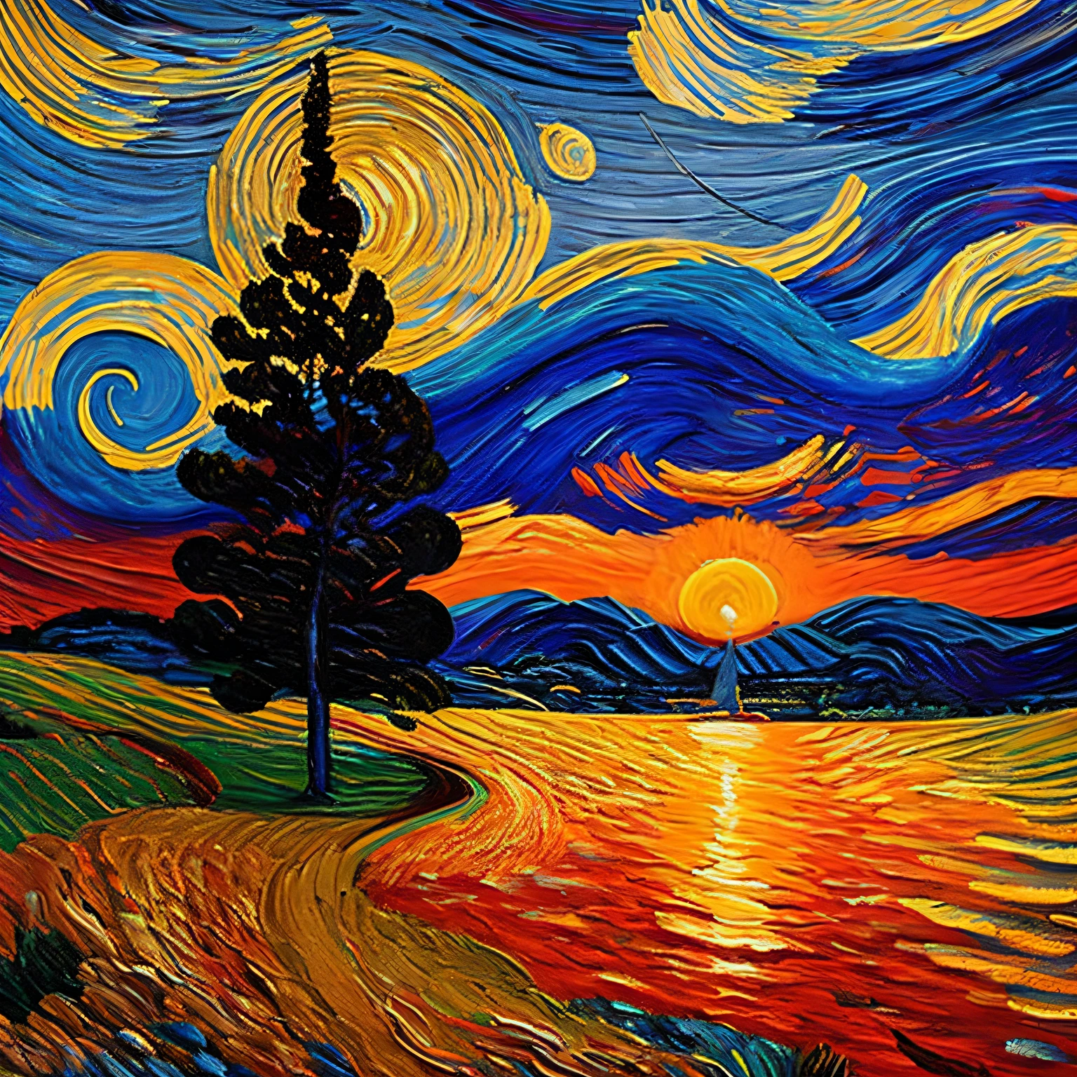 In a world reimagined by the strokes of Van Gogh, the familiar swirls and eddies of "Starry Night" undergo a breathtaking transformation. Instead of the tranquil blues and luminous yellows representing a night sky, a vivid palette of deep oranges, fiery reds, and soft purples paints the canvas. The scene captures the brilliant and transient moment of a setting sun.

The celestial swirls, once filled with twinkling stars, now cradle the setting sun, its fiery orb descending slowly, casting a radiant glow that dances and intermingles with the surrounding whirls of color. The cypress trees, still reaching upward in their darkened silhouettes, seem to stretch even taller, as if trying to hold onto the last remnants of daylight.

In the town below, the warm, amber light from the sunset bathes the quaint buildings, casting elongated shadows and transforming the town into a haven of golden hues. The church steeple, a once solitary sentinel against the night, now stands outlined by the sun's passionate embrace, its structure taking on a soft, almost ethereal quality.

Every brushstroke, with its vivid intensity, conveys the artist's emotional response to this daily, yet miraculous spectacle. This isn't just a sunset; it's Van Gogh's sunset, a swirling masterpiece of warmth, passion, and a fleeting moment in time, forever captured on canvas.